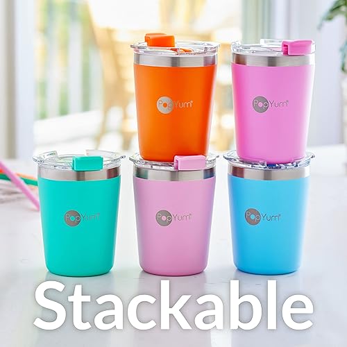 Miniatura 7 de PopYum Vasos aislados de acero inoxidable para niños de 9 onzas con tapa y pajita, paquete de 2, morado, rosa, apilables, para bebes, niños, niños