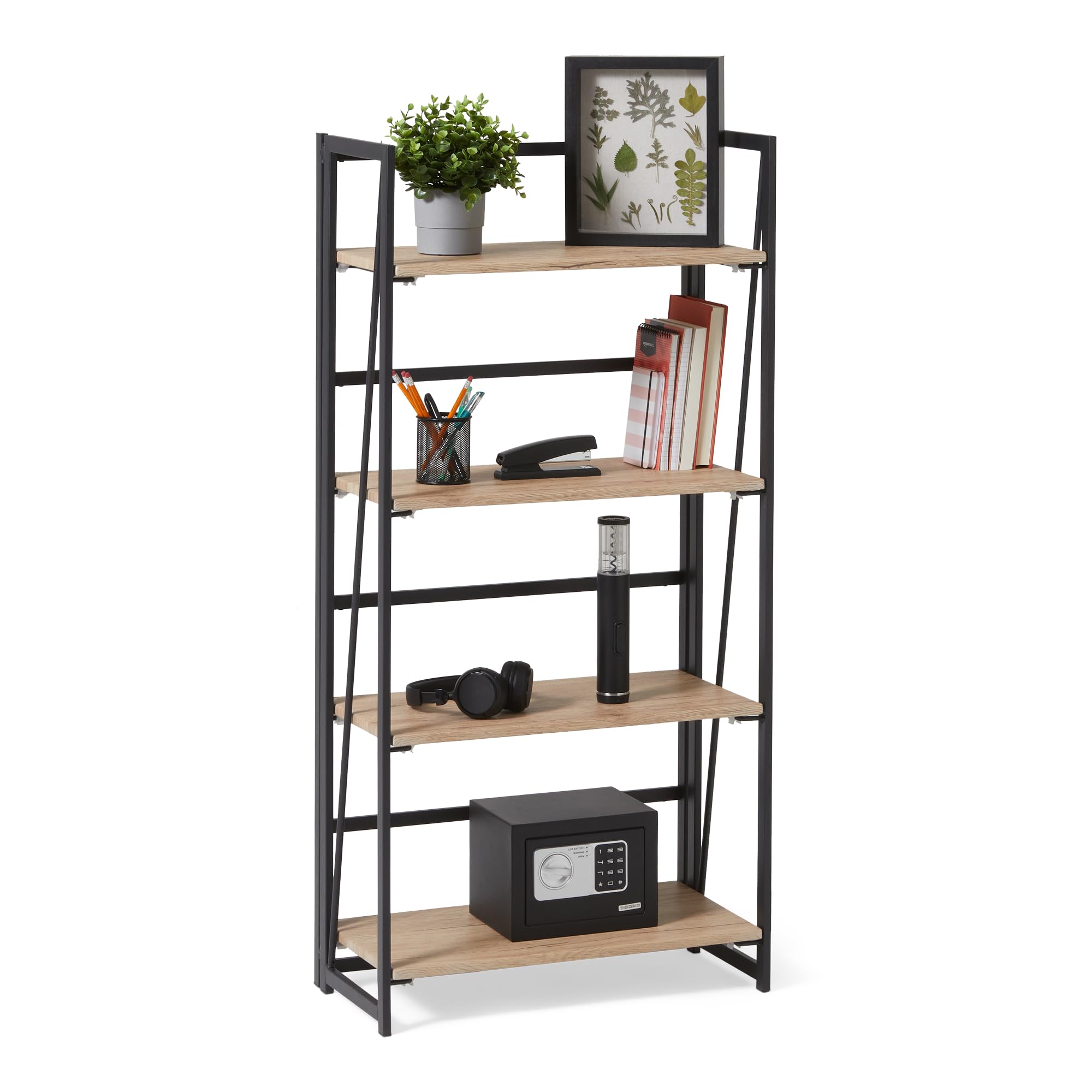 Amazon Basics - Libreria Pieghevole, Struttura in Metallo, 4 Ripiani in Legno, Soggiorno, Camera da Letto, Ufficio in Casa, Facile da Montare, Rovere, 29,5cm x 60cm x 125cm