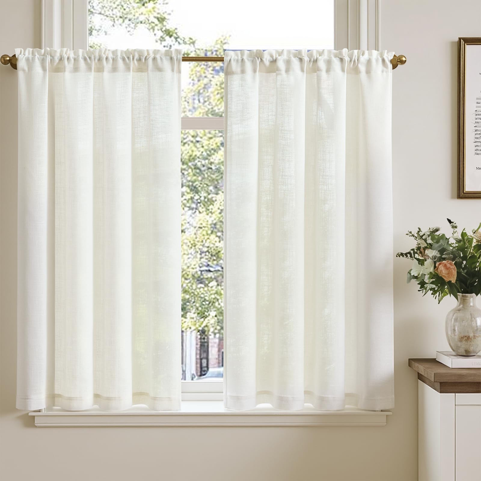 TOPICK Bistrogardine für Wohnzimmer 2er Set H115xB90 cm Scheibengardinen Leinenoptik Küche Kleine Fenster Lichtdurchlässig Küchenvorhänge Kurz Gardinen Moderne Landhaus Tunnelzug Cream Weiß