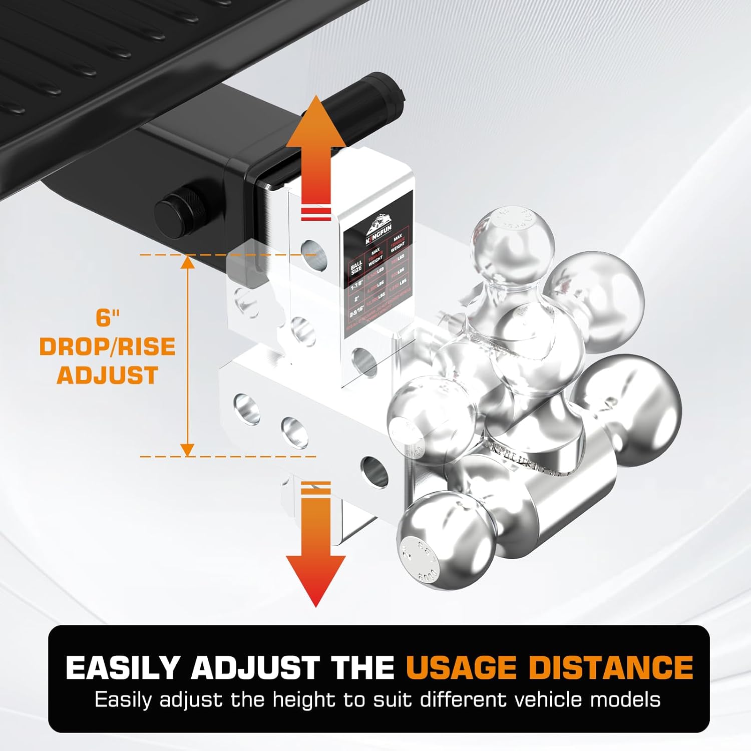 Kingfun Adjustable Trailer Hitch - Drop Hitch Fits 2 Inch Receiver, Tri Ball (1-7/8", 2", 2-5/16") 6 Inch Drop/Rise, 12500 LBS GTW Aluminum Heavy Duty Tow Hitch with Anti-Theft Pin - (Silver)