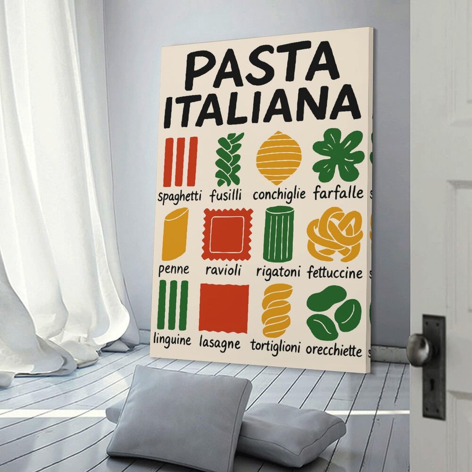 Junmoney Frame-Style-17 Room Decor Wall Art Pasta Italiana Types Illustration, 24X36inch(60X90cm), For Gallery Wall Layouts In Home Or Office, Home Wall Art For Statement Displays