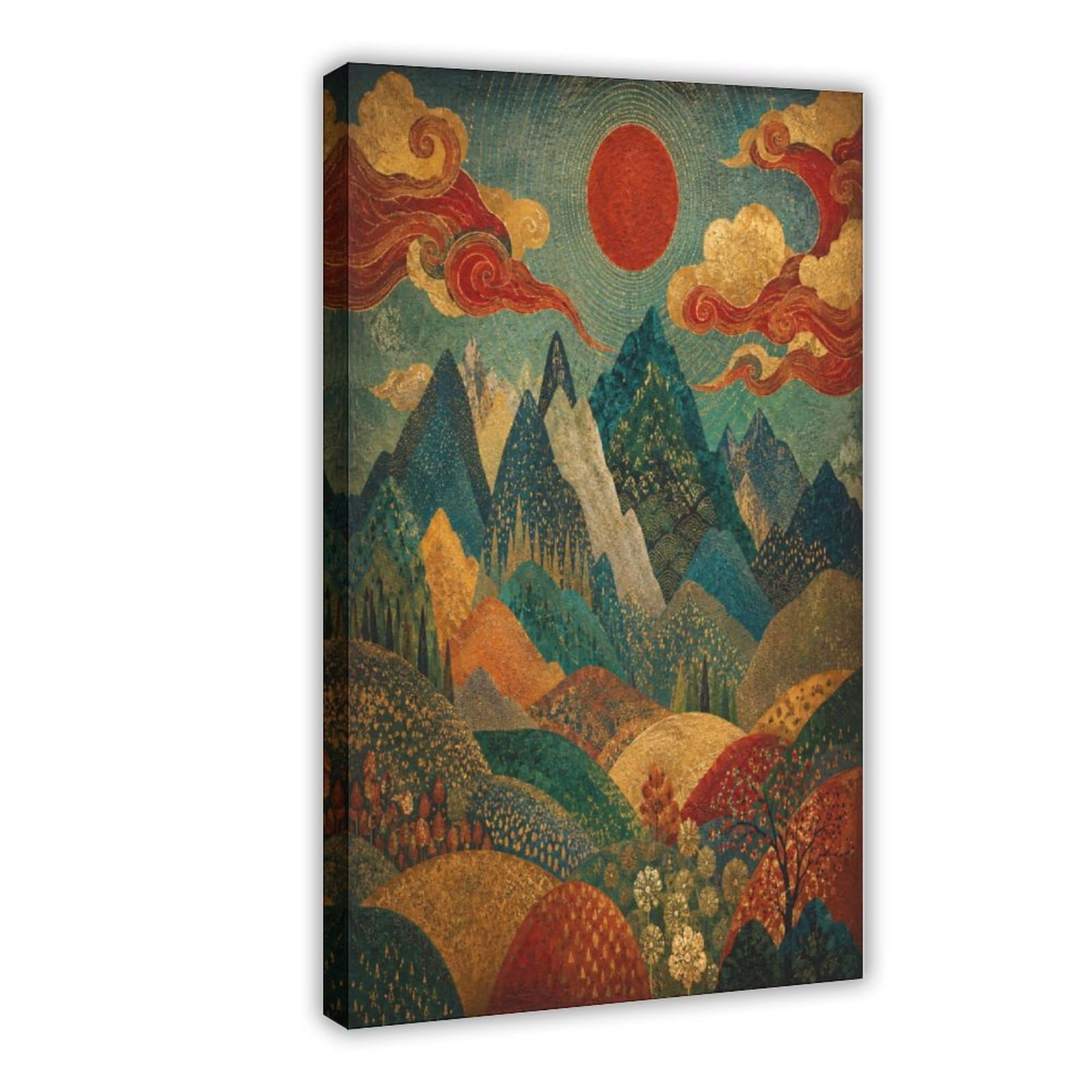 H3b8u2y5 Frame-Style Mountain Valley Sunrise Canvas Wall Art, Folk Landscape Hallway