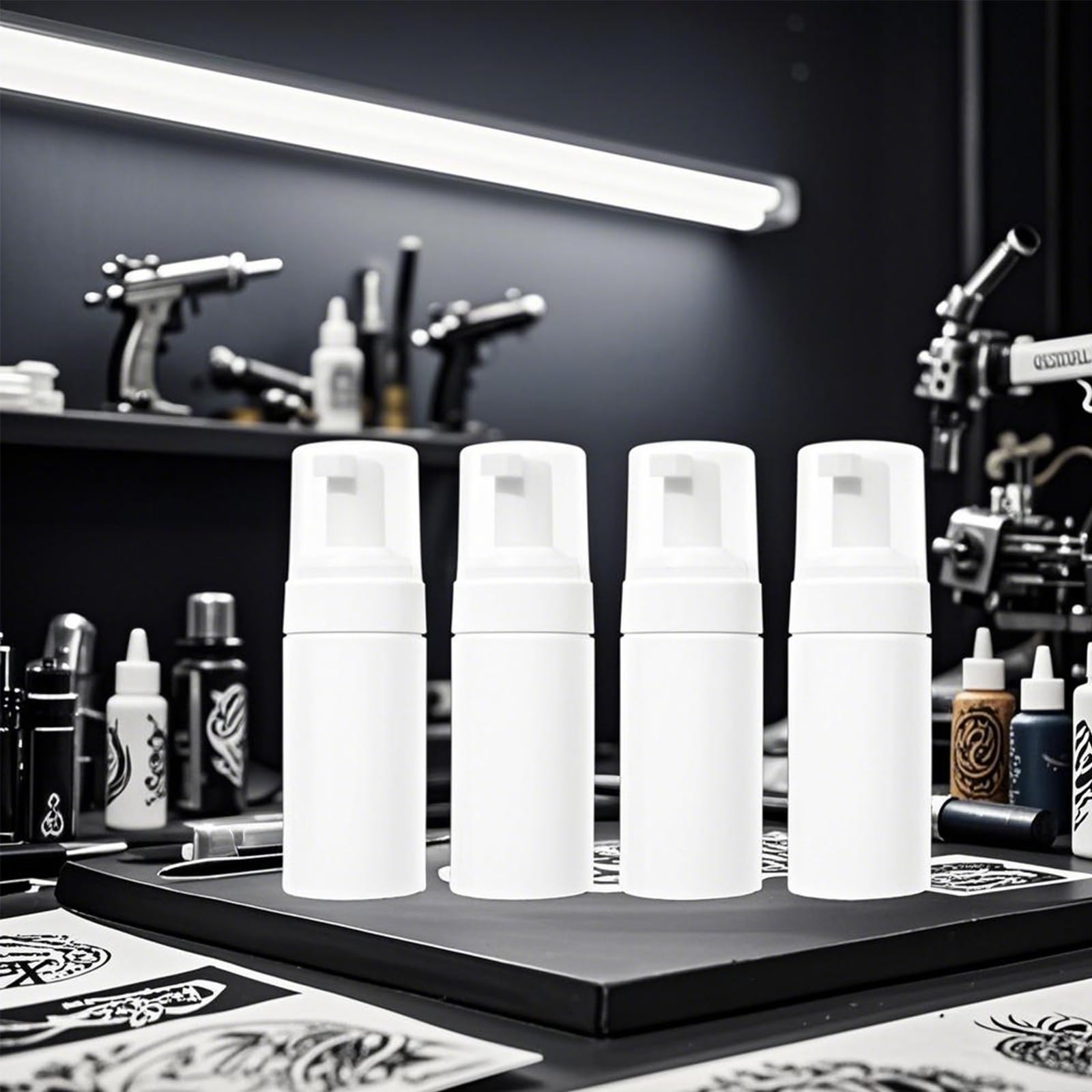 EMALLA 4 Bottiglie Schiuma Bianche 100ml Dispenser per Inchiostri da Tatuaggio & Soluzioni, Ricaricabili per Studio Tatuaggi