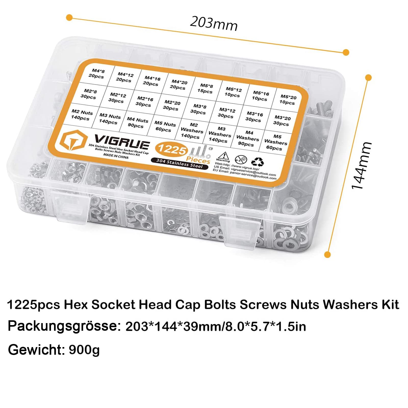 VIGRUE Set di 1225 viti M2 M3 M4 M5, viti a testa esagonale con viti filettate con dadi, viti esagonali, in acciaio inox