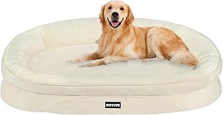 HMTOPE Orthopädisches Hundebett, Hundesofa, Vierseitiges Nackenrolle Kissen, rutschfeste Unterseite Hundekorb, Abnehmbar und Waschbar, Mittelgroße Hunde, Grosse Hunde, 106 x 79 x 17 cm, Beige