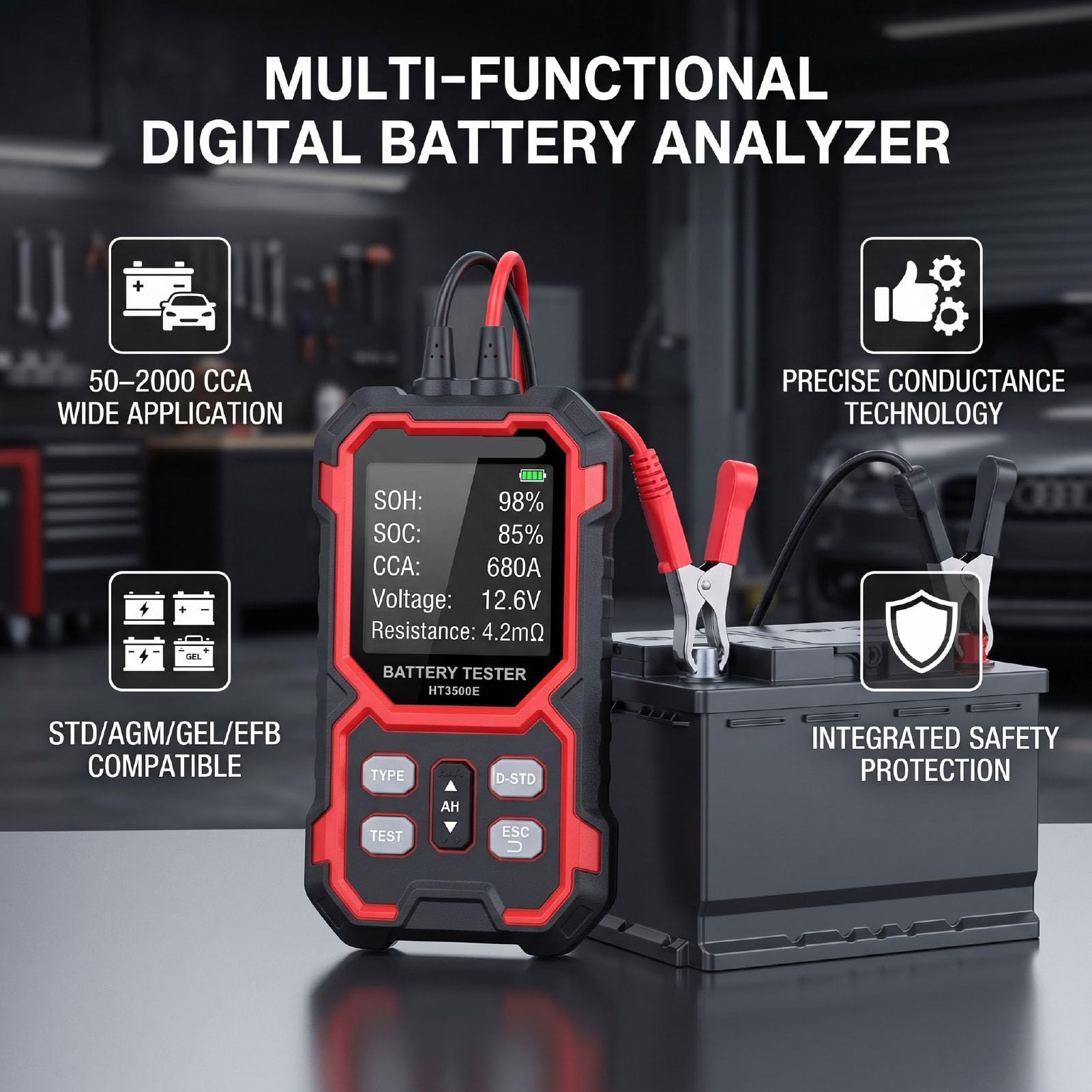 Dioche Testeur de Batterie, Analyseur de Batterie Numérique avec écran Couleur de 2,68 Pouces et Test Kelvin à 4 Fils pour Voitures, Camions, Motos, Bateaux