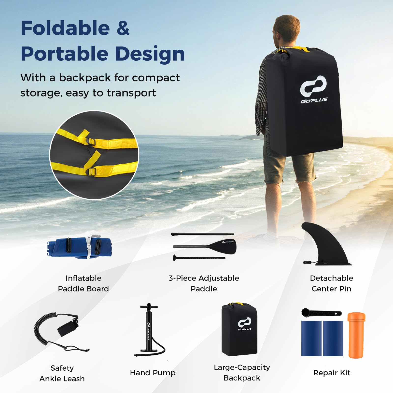 Goplus Tabla de remo inflable de pie, 10 pies, 10.5 pies, 11 pies, con paquete de accesorios, paleta ajustable, bolsa de transporte, aleta, bomba de mano, correa, kit de reparación