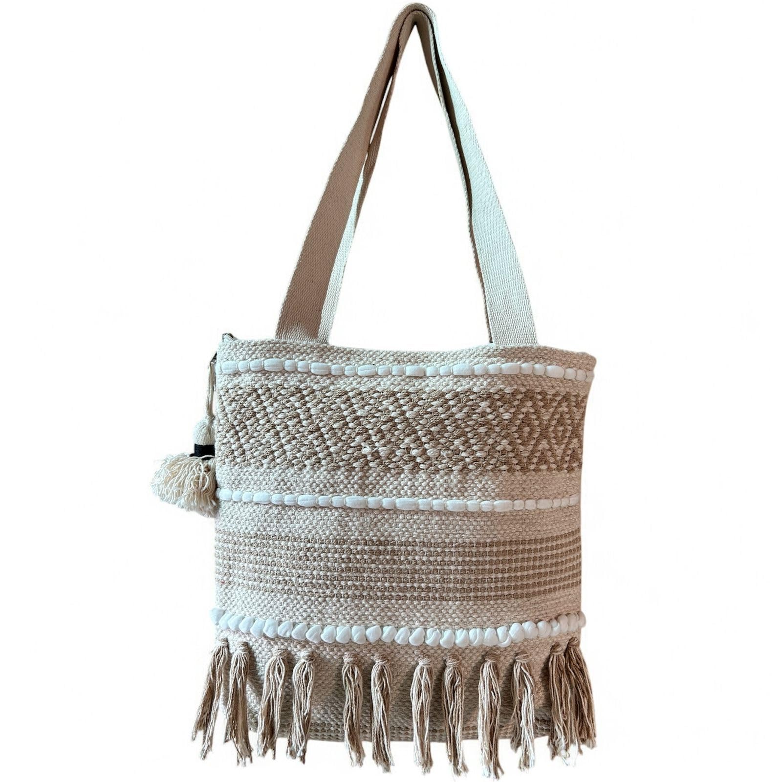 Embroidery Canvas Sling Bag for Women 14×14 | Boho Style Shoulder Bag with Tassels | Casual Crossbody Mobile Pouch for Travel & Daily Use (14 * 14, Ivory & Beige)-image-40