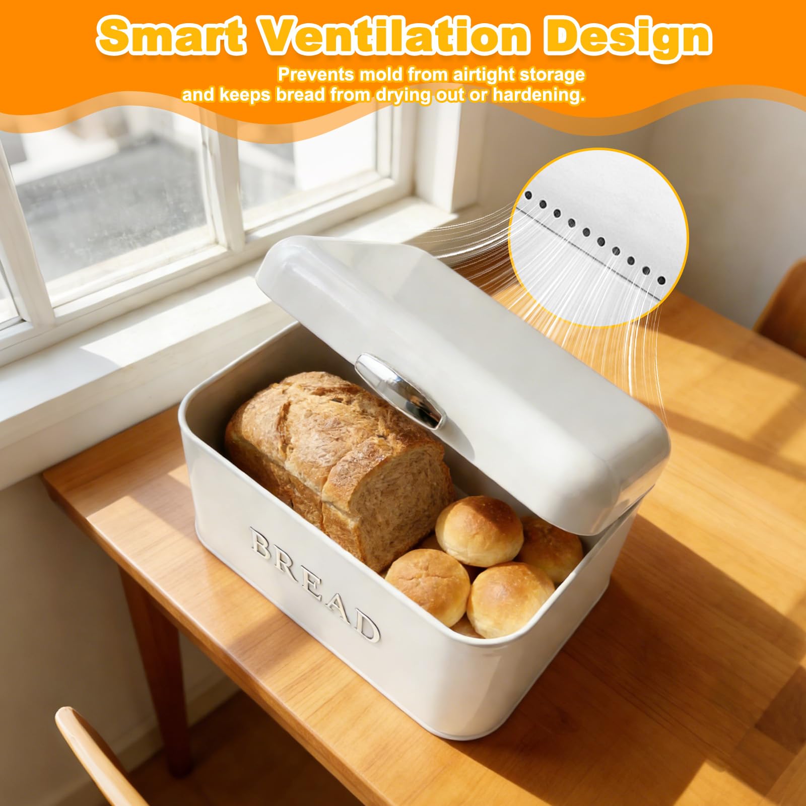 Metall Brotkasten mit Deckel, Brotaufbewahrungsbox, Großer Keksdose, Leicht Reinigen Brottopf, Weiß Brotkorb, Vintage Brotkästen für Aufbewahren Kekse, Gebäck, Obst (30 x 16 x 18cm)