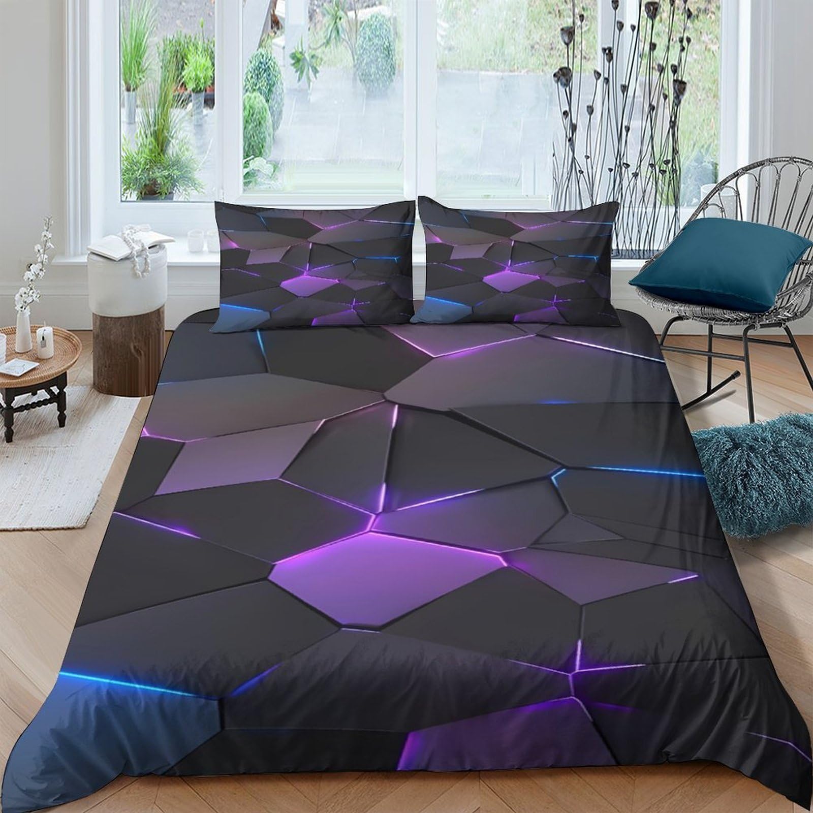 Ctjqhvkz Style-5 3D Printed Geometric Purple Pattern Fitted Sheet Microfiber Soft Anti-Slip Blue Polygon Bed Cover For Bedroom Home Decor Single（135X200cm）