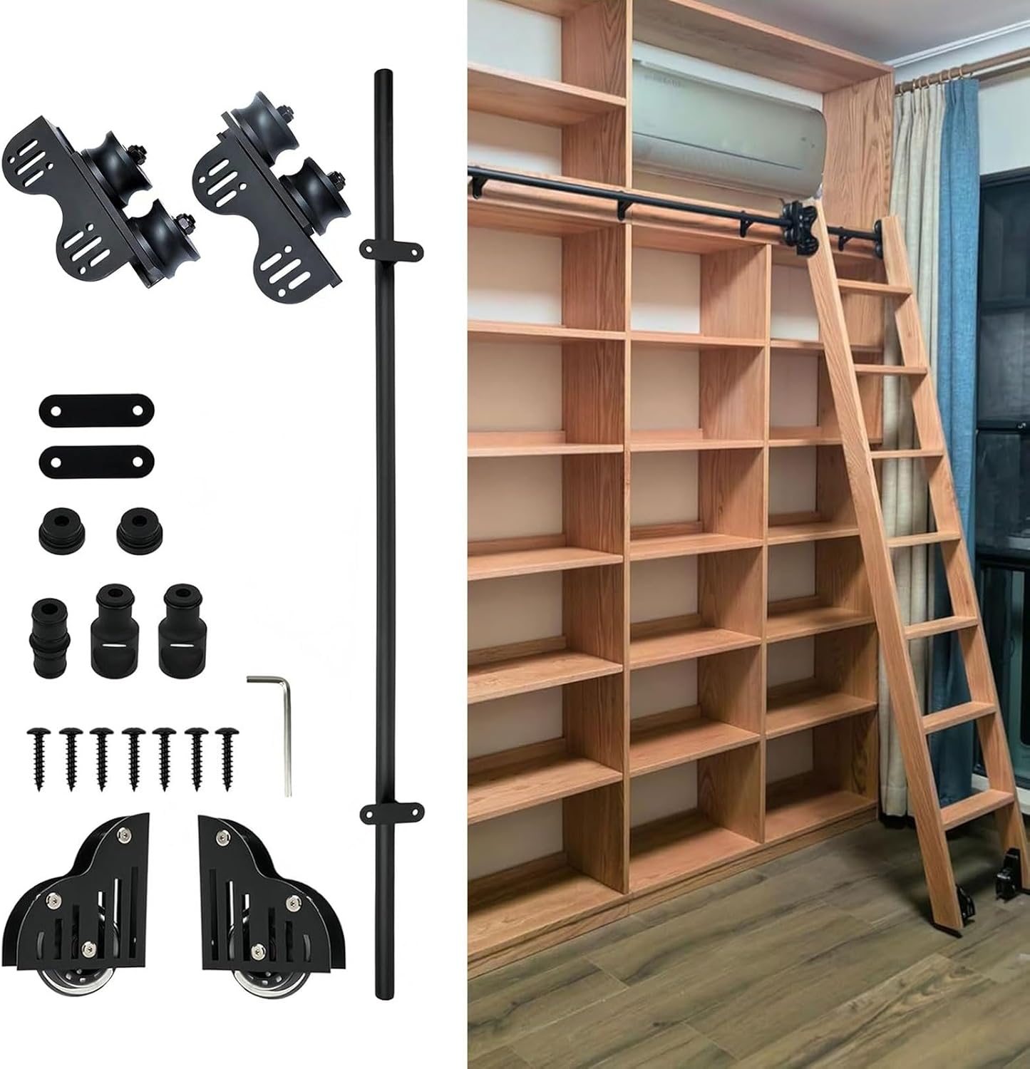 Retractable Rolling Library Ladder Hardware Kit, Black Steel Round Tube Mobile Ladder Track Slide Roller System (No Ladders) for Loft Stairs/Bookshelf(16ft/500cm Track kit)