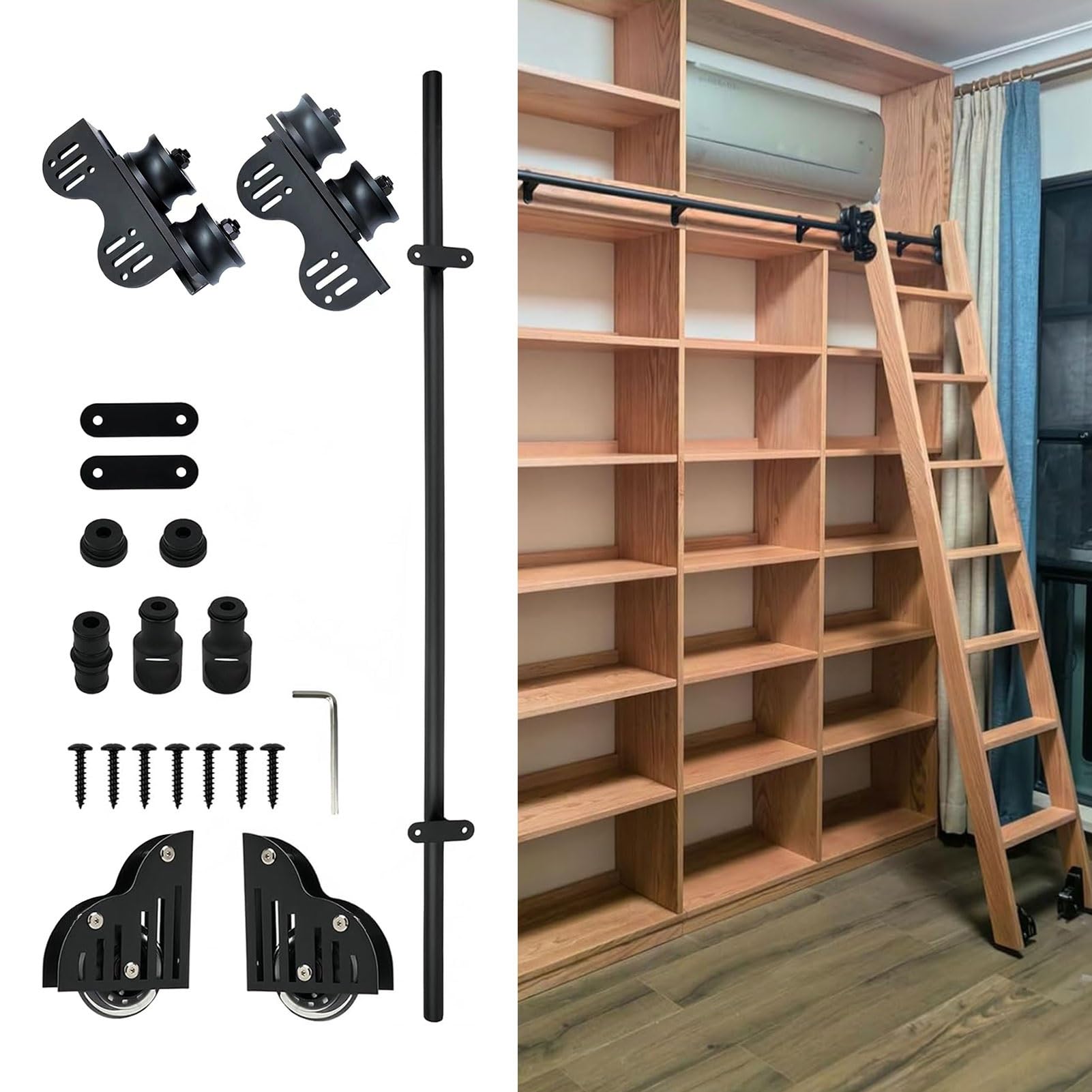 Kit quincaillerie pour échelle coulissante de bibliothèque en tube d'acier noir