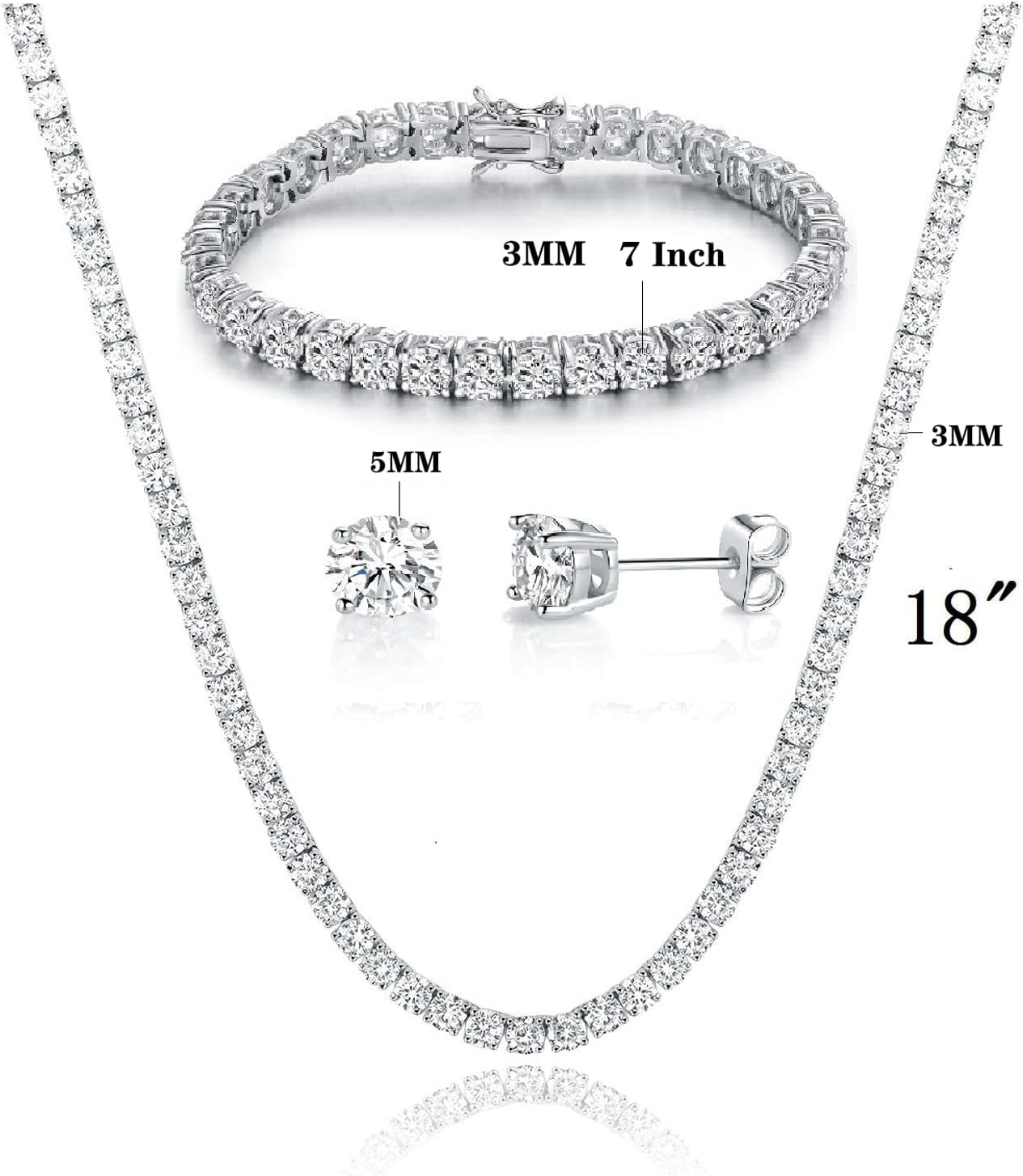 Gemsme 18K White Gold Plated Tennis Necklace/Bracelet/Earrings Sets Pack of 3 - Image 2