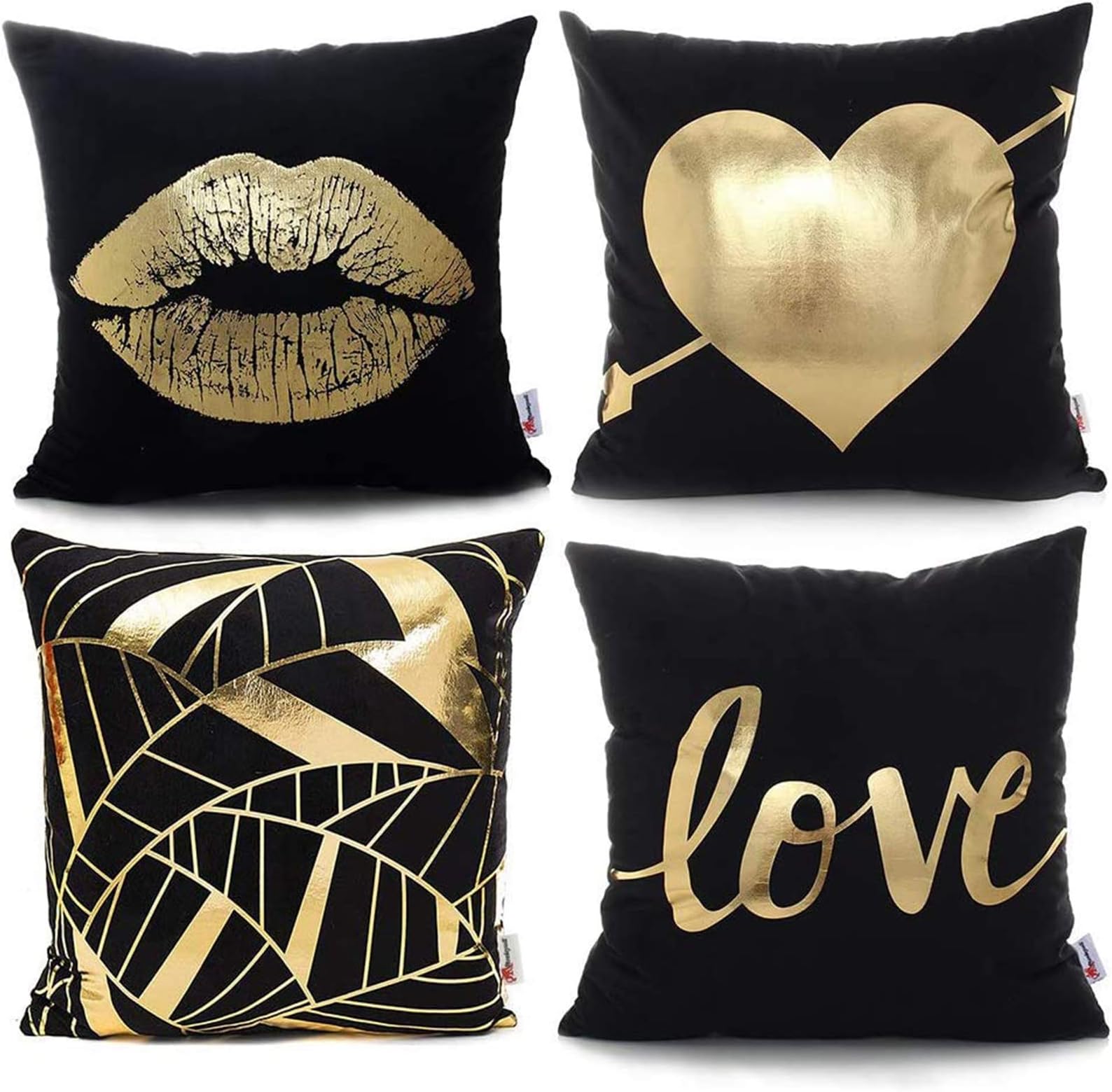 Monkeysell Pack of 4 Black and Gold Throw Pillow Covers,Love Lips Bronzing Rock Punk Square Pillow Case 18 inches (Black)