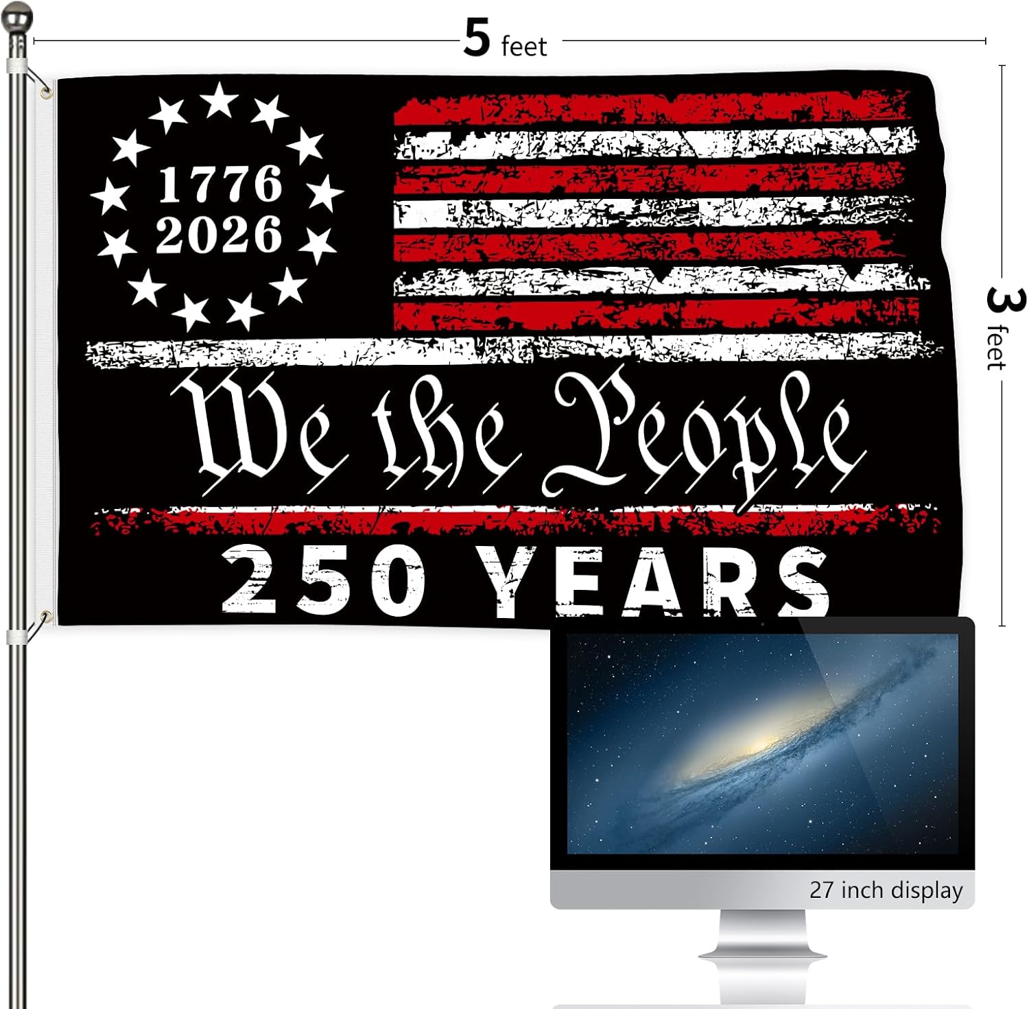 Probsin 250 Anniversary Flag 3x5 Ft America Flag 250 Years of Freedom We The People 1776-2026 250th Birthday Patriotic Signs Hanging Decor for Room House Welcome Photo Backdrop with Brass Grommets - Image 8