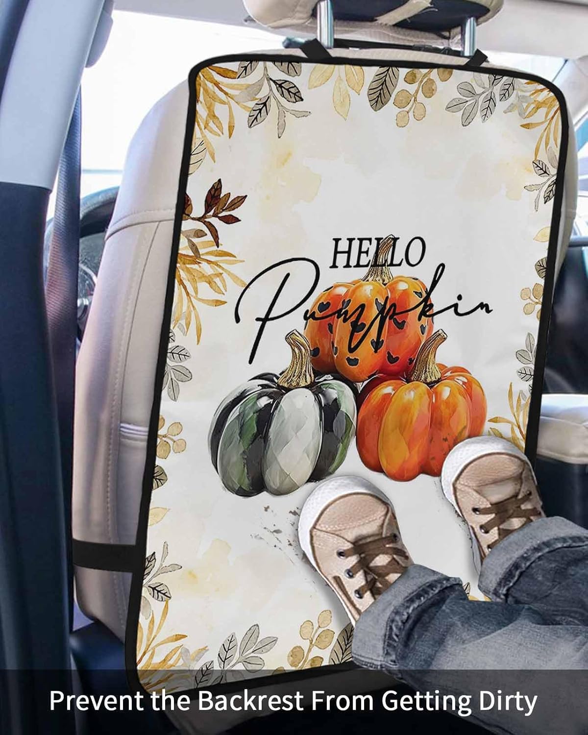 T&H XHome Car Seat Protector, 2 Pack Kick Mats Back Seat Protector Fall Thanksgiving Pumpkin Retro Botanical Leaves Waterproof Backseat Cover for Kids Universal Fit Automotive Interior Protectors