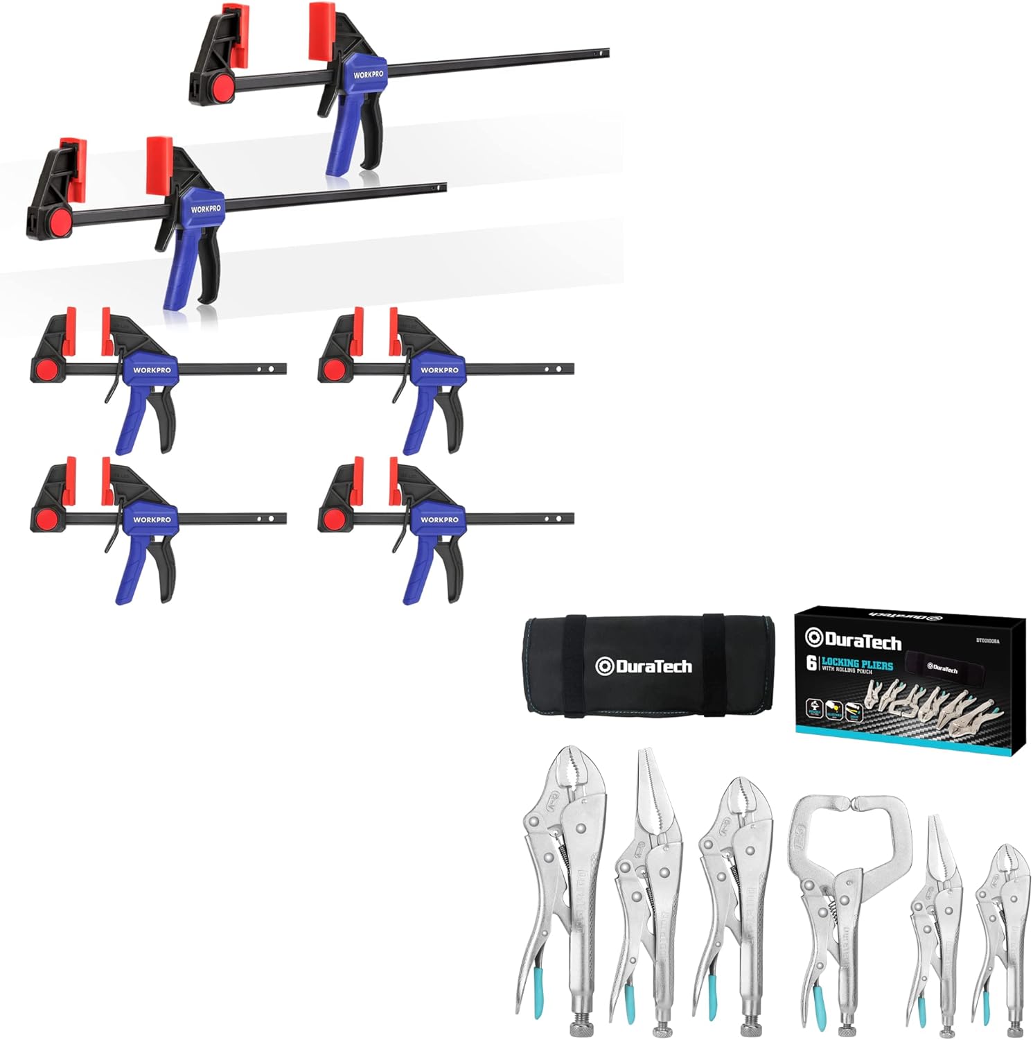 WORKPRO Bar Clamps for Woodworking&DURATECH 6-Piece CR-V Locking Pliers Set