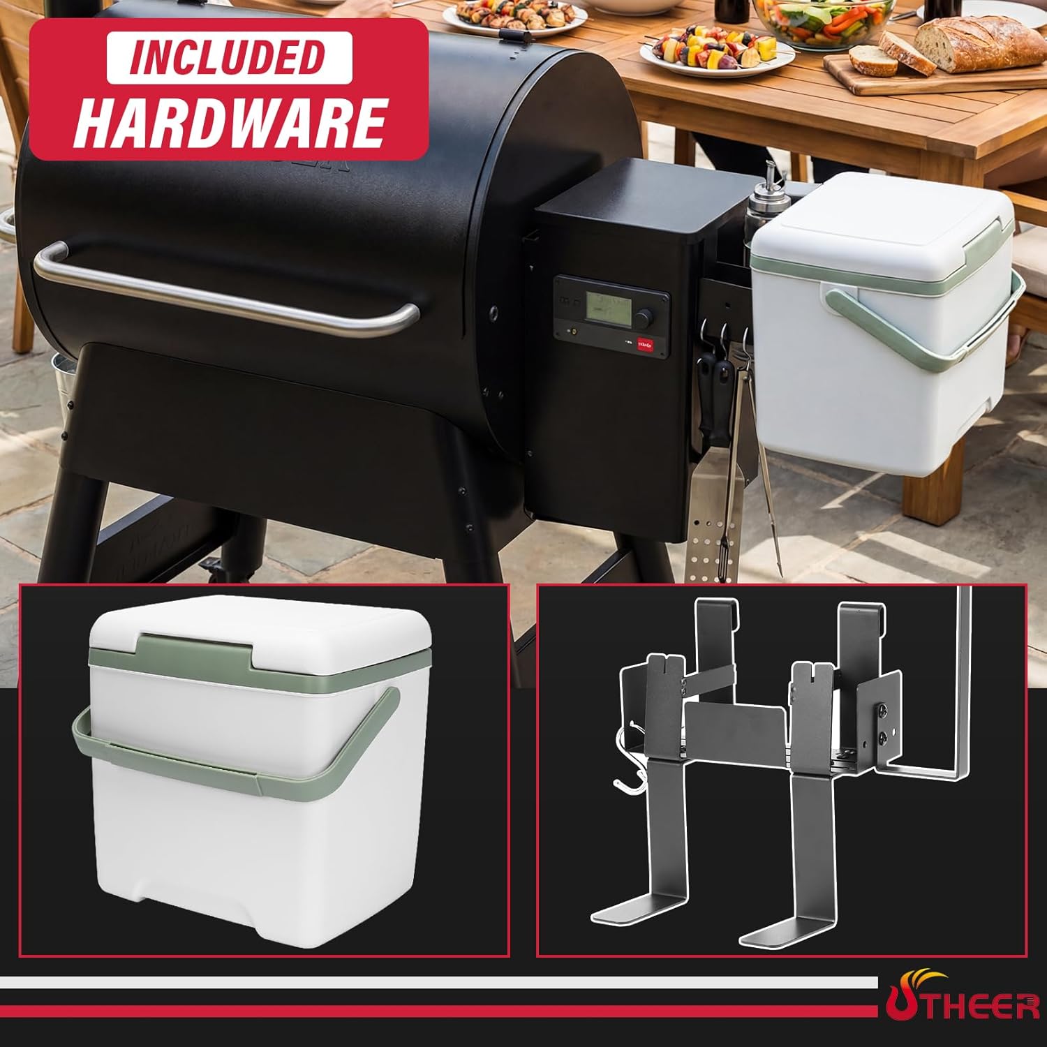 Utheer Pellet Grill Side Prep & Drink Station with Hanging Cooler, Universal Clamp-On Side Shelf, Fits Traeger Pro 22/34, Pro 575/780, Weber Searwood 600/XL 600, Pit Boss Austin XL,Camp Chef Pro 24/36
