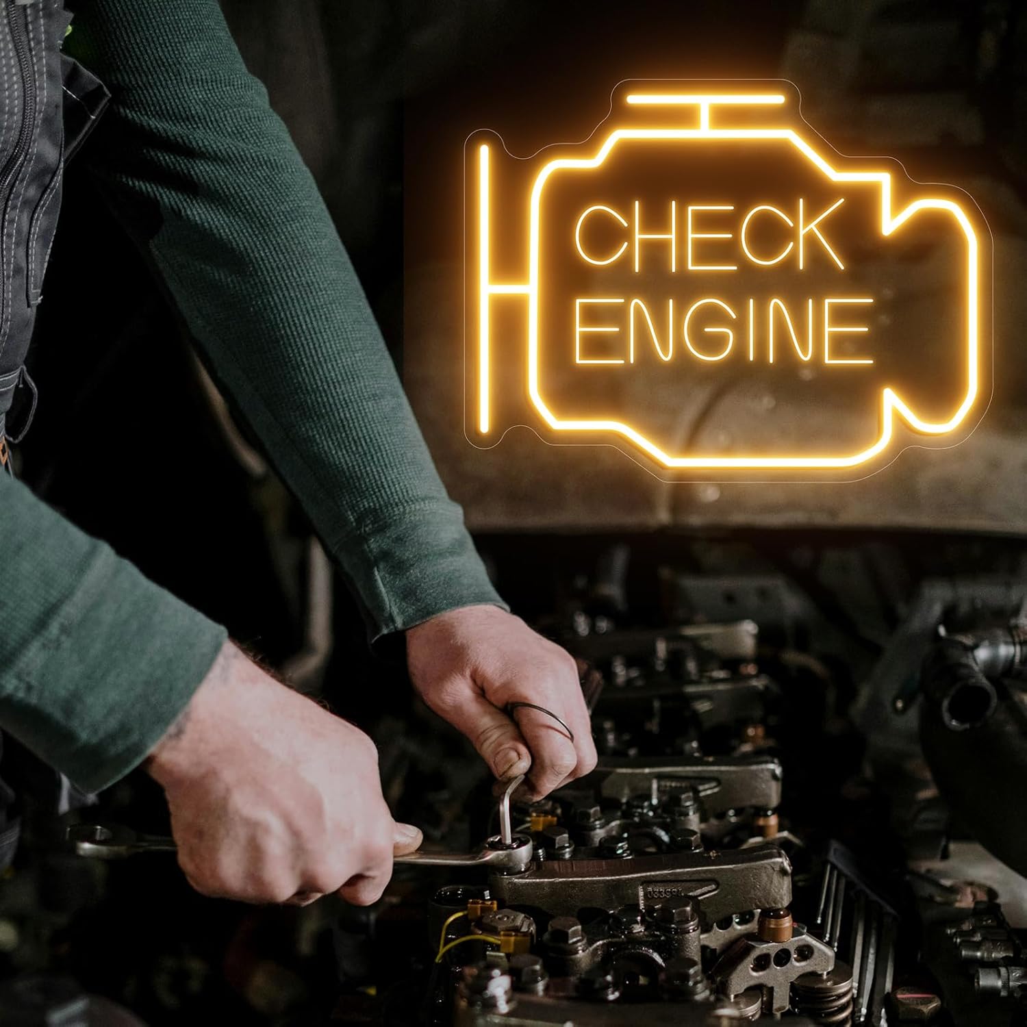 Check Engine Light, Check Engine Neon Sign For Wall Decor, Car Neon Sign Led Garage Signs for Men Cave, Dad, USB Powered for Repair Shop Workshop Party Birthday Gift, INSNENN, 15.7 * 13 Inches