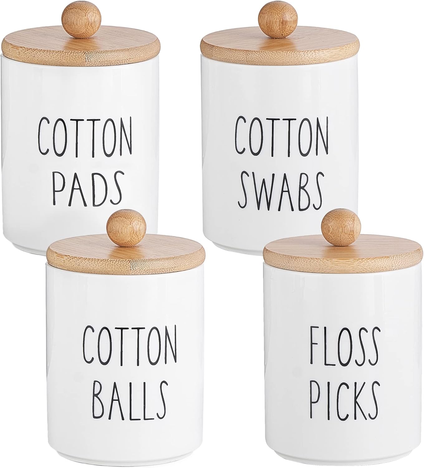 Mkono 4 Pack Qtip Holder Dispenser with Bamboo Lids, Ceramic Apothecary