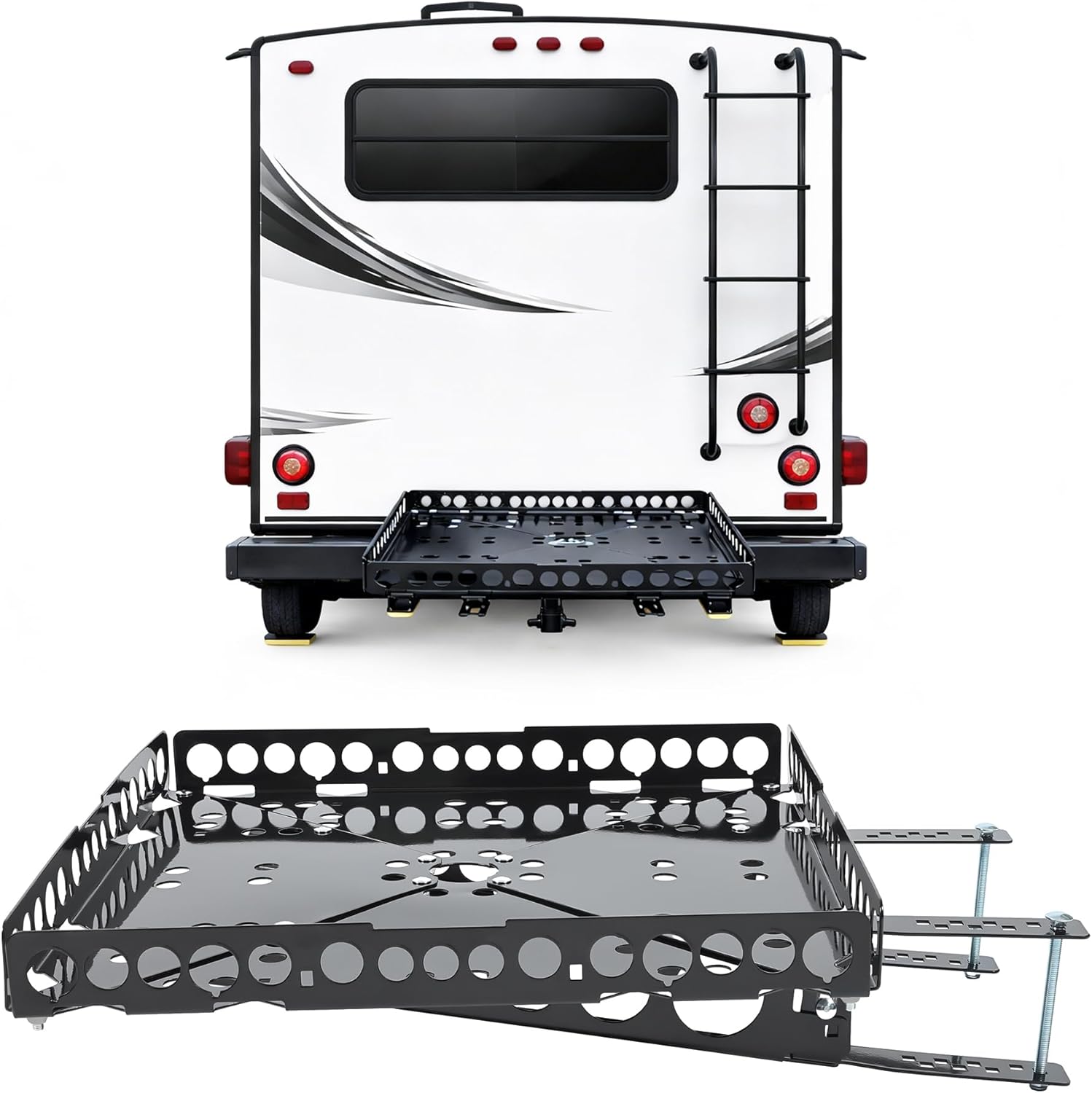 Kojem RV Bumper-Mounted Generator Cargo Carrier for Campers Trailers RV Rear Luggage Basket Rack Tray Kit Assembly Weighs 15 Pounds and Carries 200 Pound-Feet