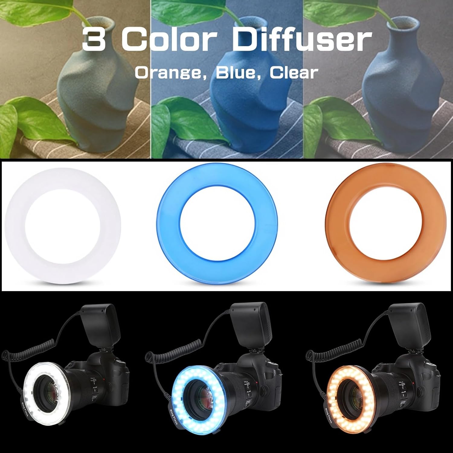 Macro LED Ring Flash, 48pcs LED Beads, 3 Color Diffuser, 9 Adapter Rings, 7 Brightness, 4 Modes, Camera Lens Flash for Fuji Pentax and Other DSLR Cameras