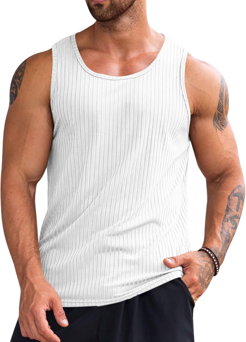 Runcati Men's Ribbed Tank Tops Knit Sleeveless Workout T Shirt Muscle Gym Fitness Tee