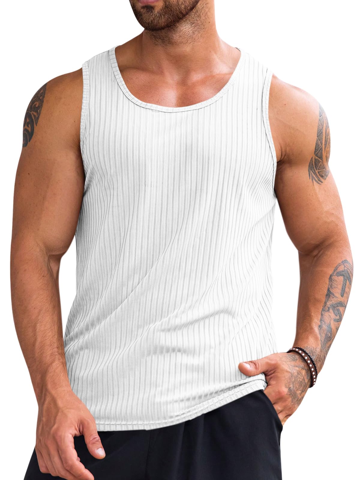 Runcati Men's Ribbed Tank Tops Knit Sleeveless Workout T Shirt Muscle Gym Fitness Tee