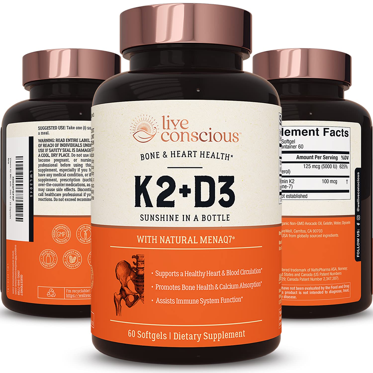 Live Conscious Vitamin K2 MK7 with D3 Supplement by LiveWell | Bone & Heart Health Support - Patented Vitamin K & Vitamin ...