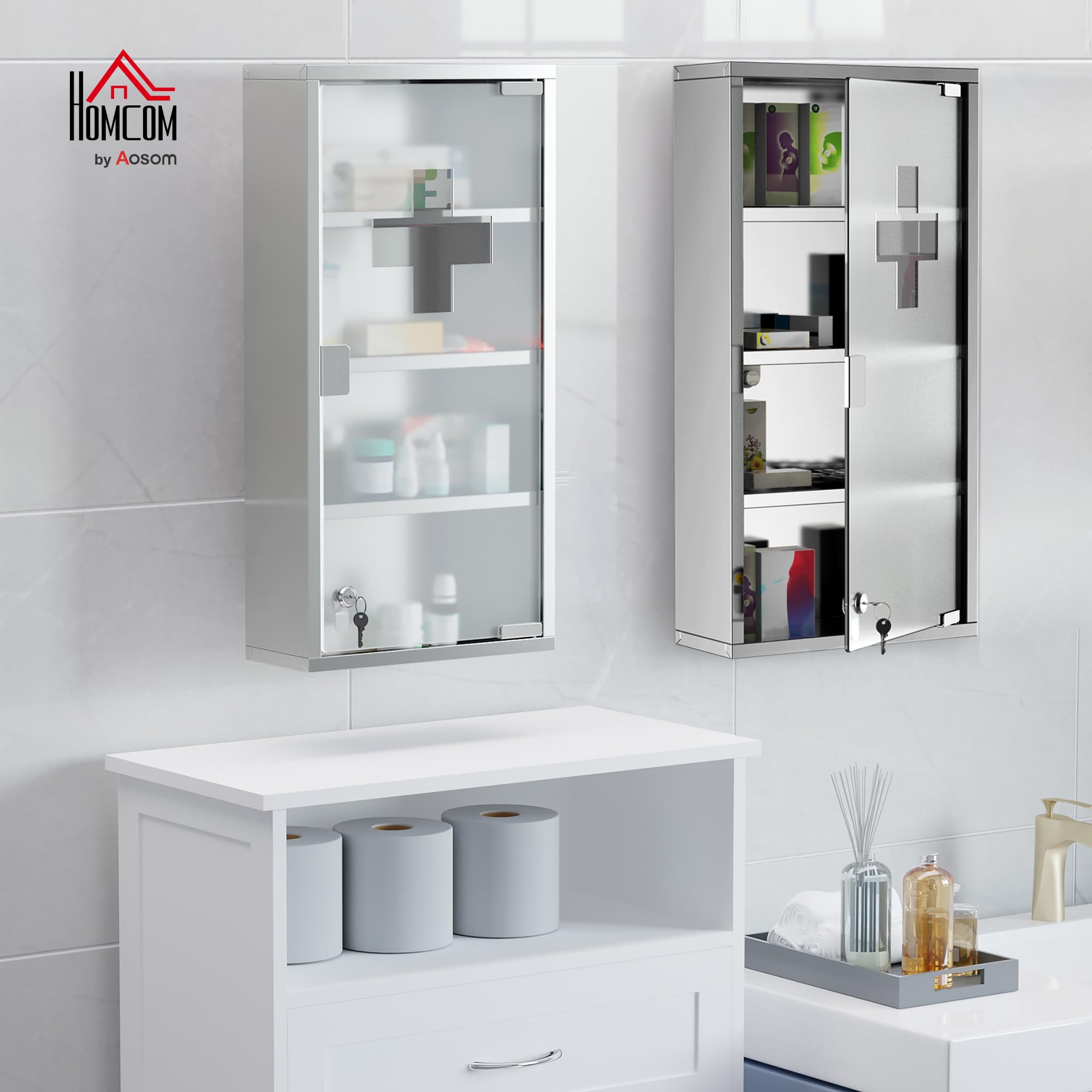 HOMCOM Lot de 2 Armoires à Pharmacie à 4 Niveaux, Porte Verre trempé, Symbole Croix, Acier Inoxydable brossé, 30L x 12l x 60H cm, Argenté