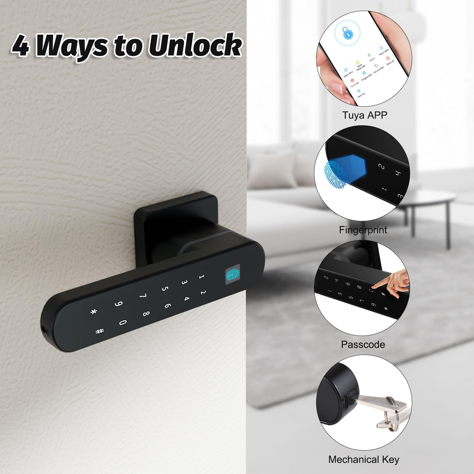 4 en 1 con el Teclado de Contraseña para el Dormitorio de la Oficina del Hotel Doméstico (BLACK)