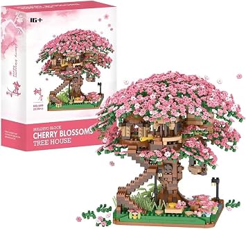 Street View Cherry Blossom Bonsai Tree Bricks Model Set, 2138Pcs DIY Sakura Tree House Building Block Assembly Mini Particle Construction Toy