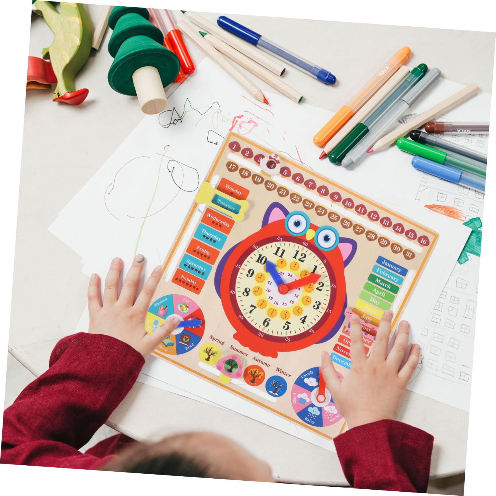 WOONEKY Reloj Didáctico de Madera Forma de Búho Juguete Educativo para Aprender la Hora y Resistente para Herramienta de Enseñanza Práctica para Desarrollo Intelectual