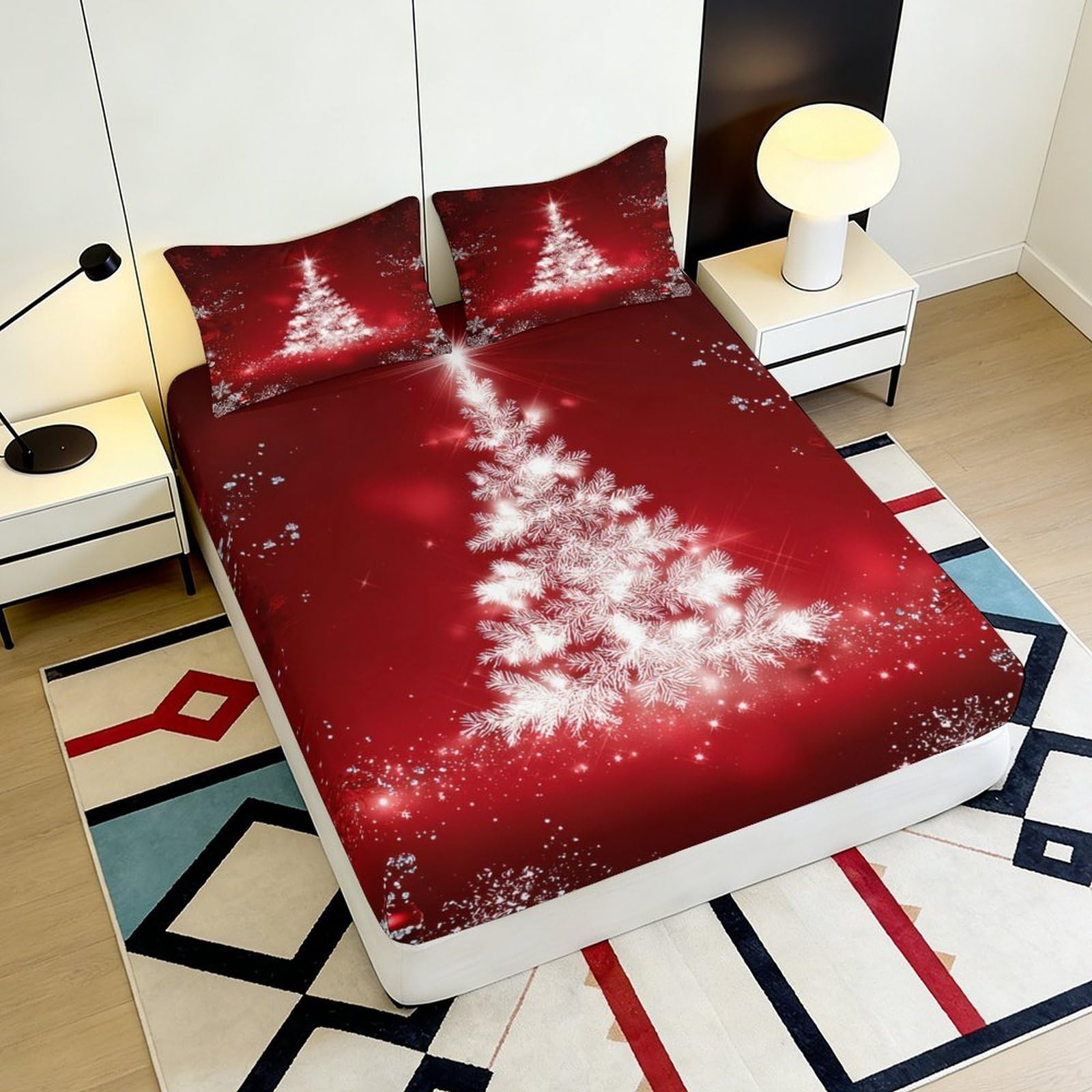 Lenzuolo con angoli con stampa 3D, motivo albero di Natale, in microfibra, antiscivolo | morbido, coprimaterasso, facile da pulire, traspirante, lavabile in lavatrice, per tutto l'anno, 180 x 200 x 25 cm
