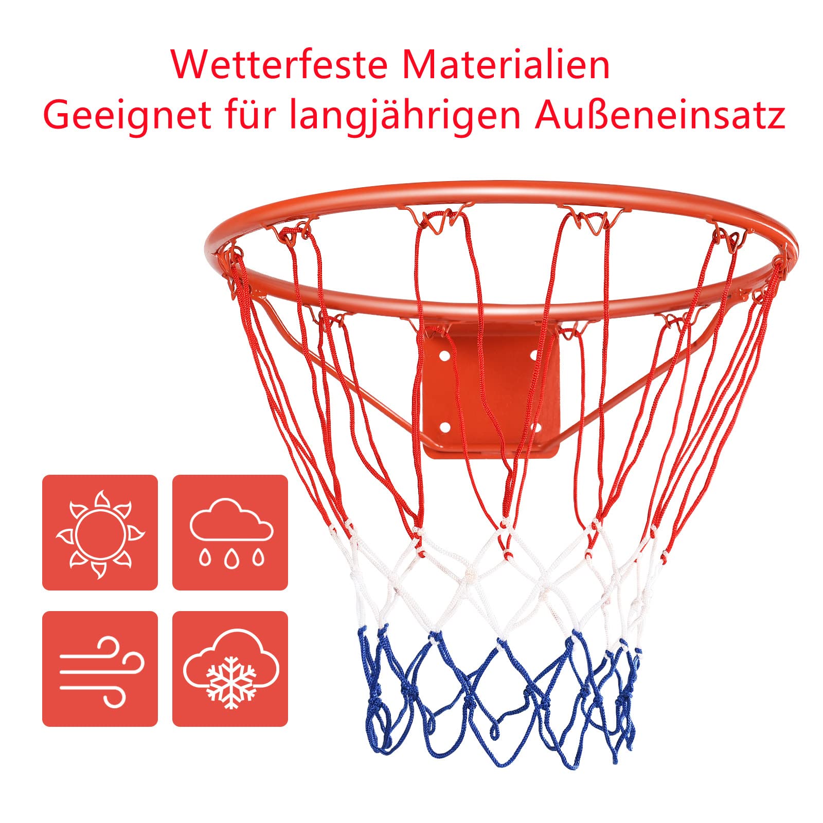 GYMAX Ø 45cm/37cm Basketballkorb, Basketballnetz mit Ring, Netz & Halterung, wetterfester Basketballring in Profigröße zur Wandmontage, für Schulhöfe & Sporthallen