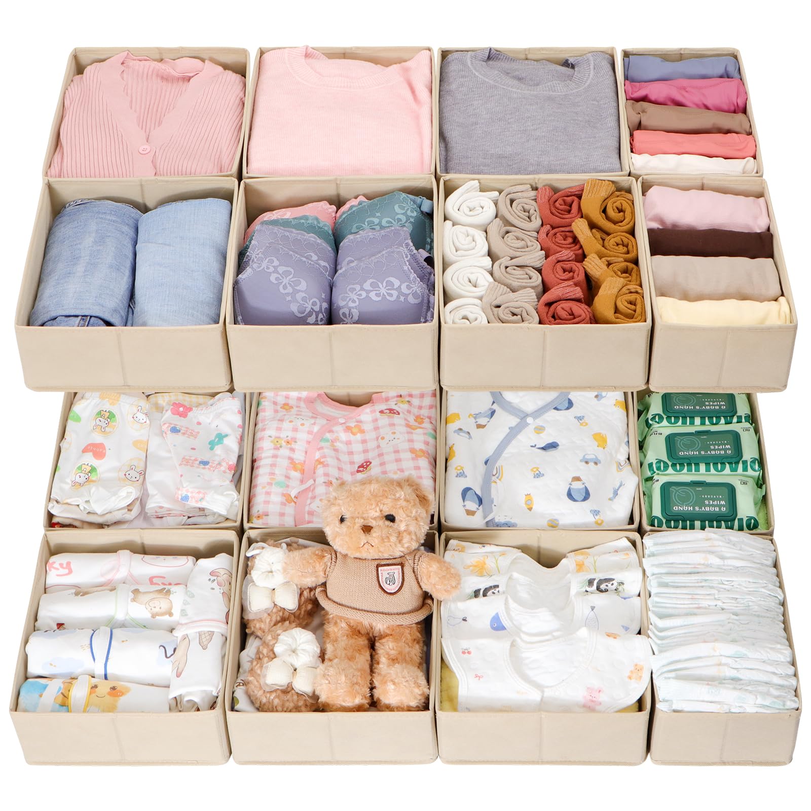ORLISA 16er Set Schubladen Organizer kompatibel mit PAX Kleiderschrank 100x58 cm, Faltbare Stoffboxen mit Stabiler Basis für Kleidung, Robust Beige
