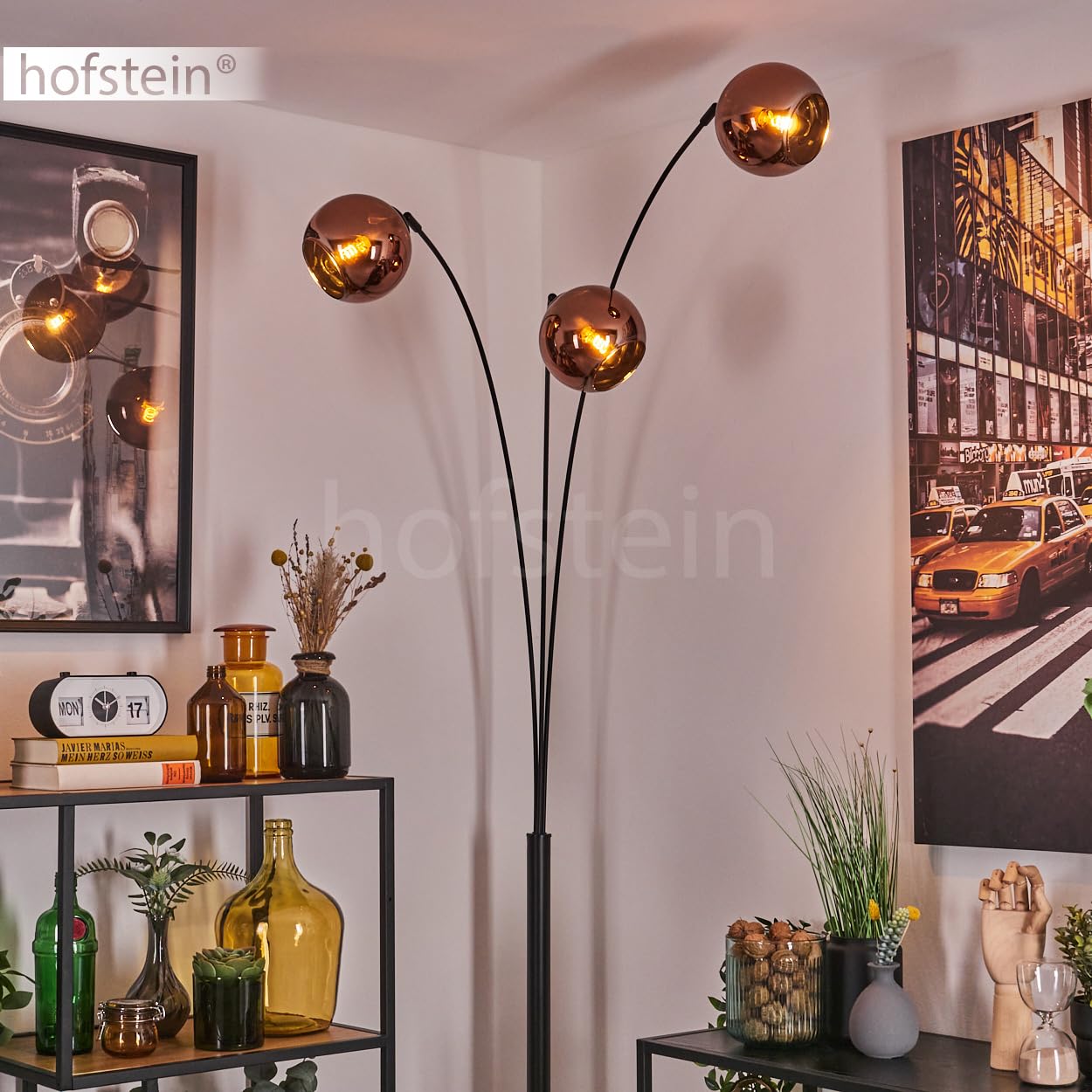 Stehleuchte Koyoto, Stehlampe aus Metall/Glas in Schwarz/Kupferfarben, Leuchte im modernen Retro/Vintage-Design mit Schirmen aus Glas (Ø 15 cm) u. Fußschalter, Höhe 210 cm, 3 x E14, ohne Leuchtmittel