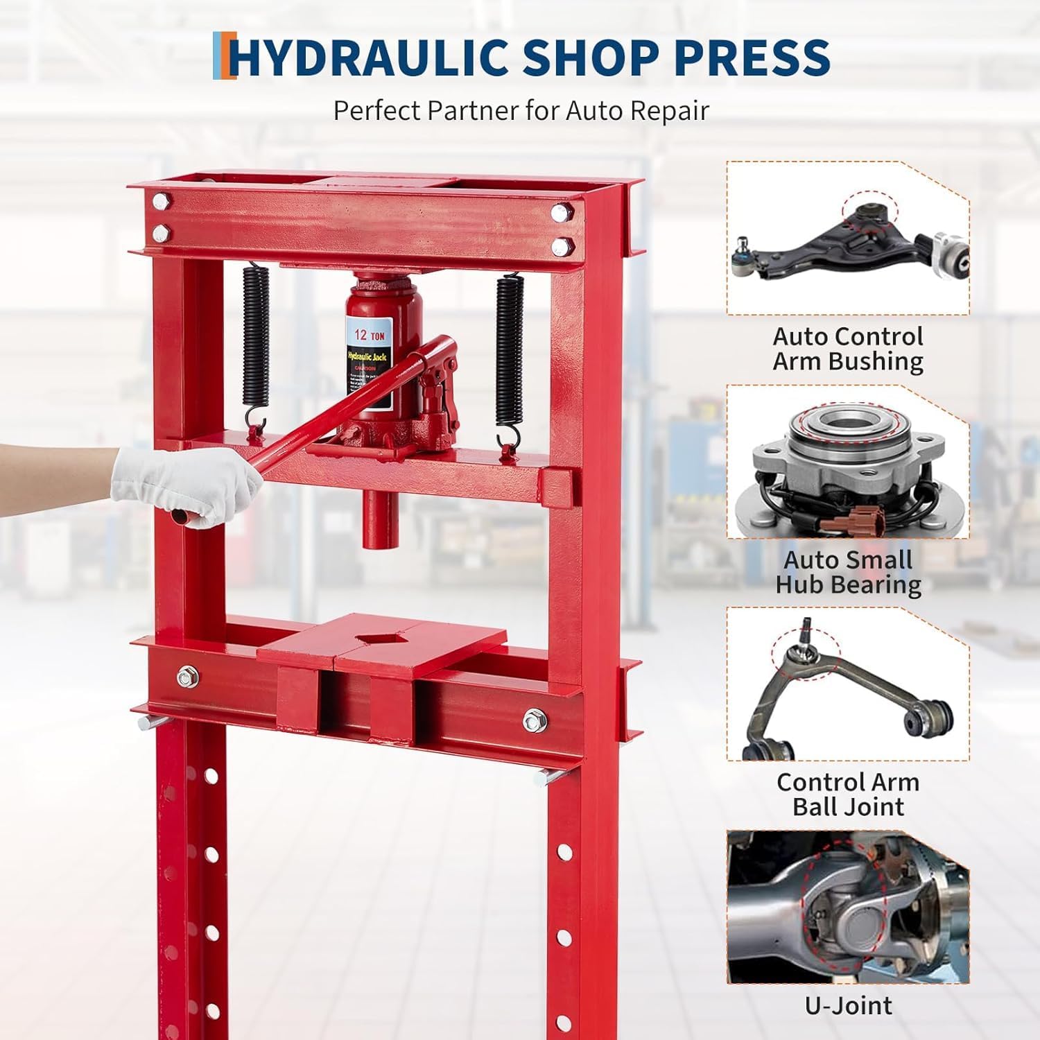12 Ton Heavy Duty h-Frame Hydraulic Shop Press, Adjustable Height Work Table, Red Garage Floor Press for Bending/Straightening/Bearing Installation/u-Joints (with Plates)，Red
