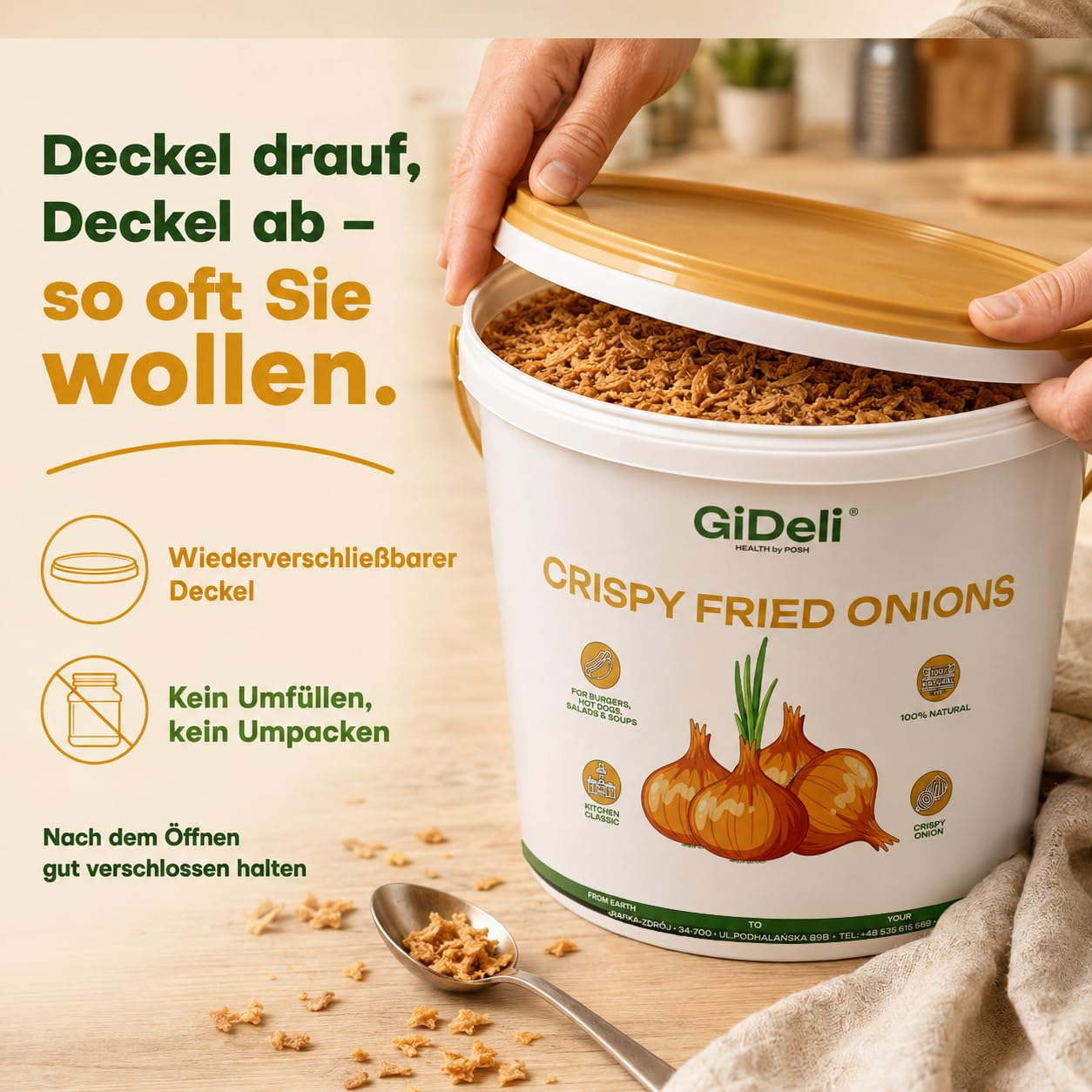 GiDeli Röstzwiebeln 5 kg im Eimer - Knusprig Geröstete Zwiebeln - Pommesgewürz, Burger Gewürz, Hot Dog - Zaubergewürz