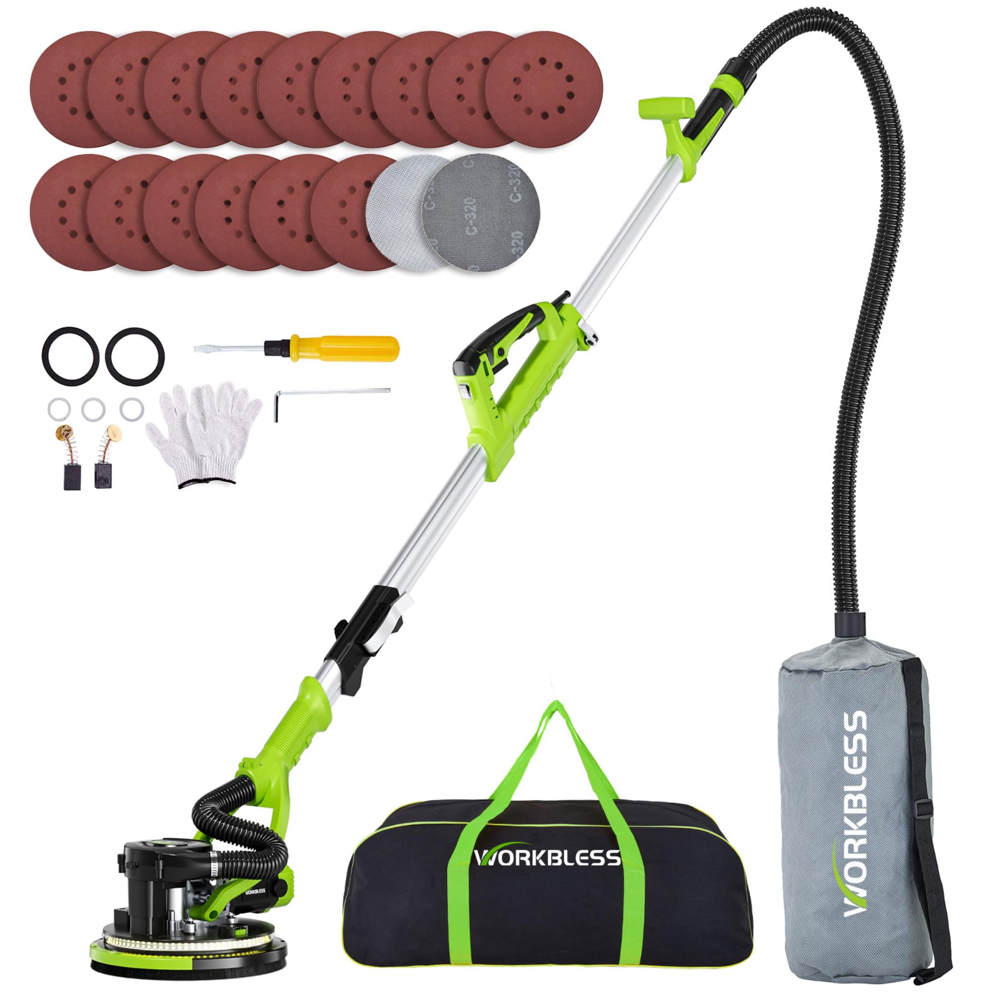 WorkBless Drywall Sander, 1050W 7.2A Popcorn Ceiling Removal Tool, Automatic Drywall Sander with Vacuum Dust Collector, 7 Variable Speed 1000-2100RPM, 15Pcs