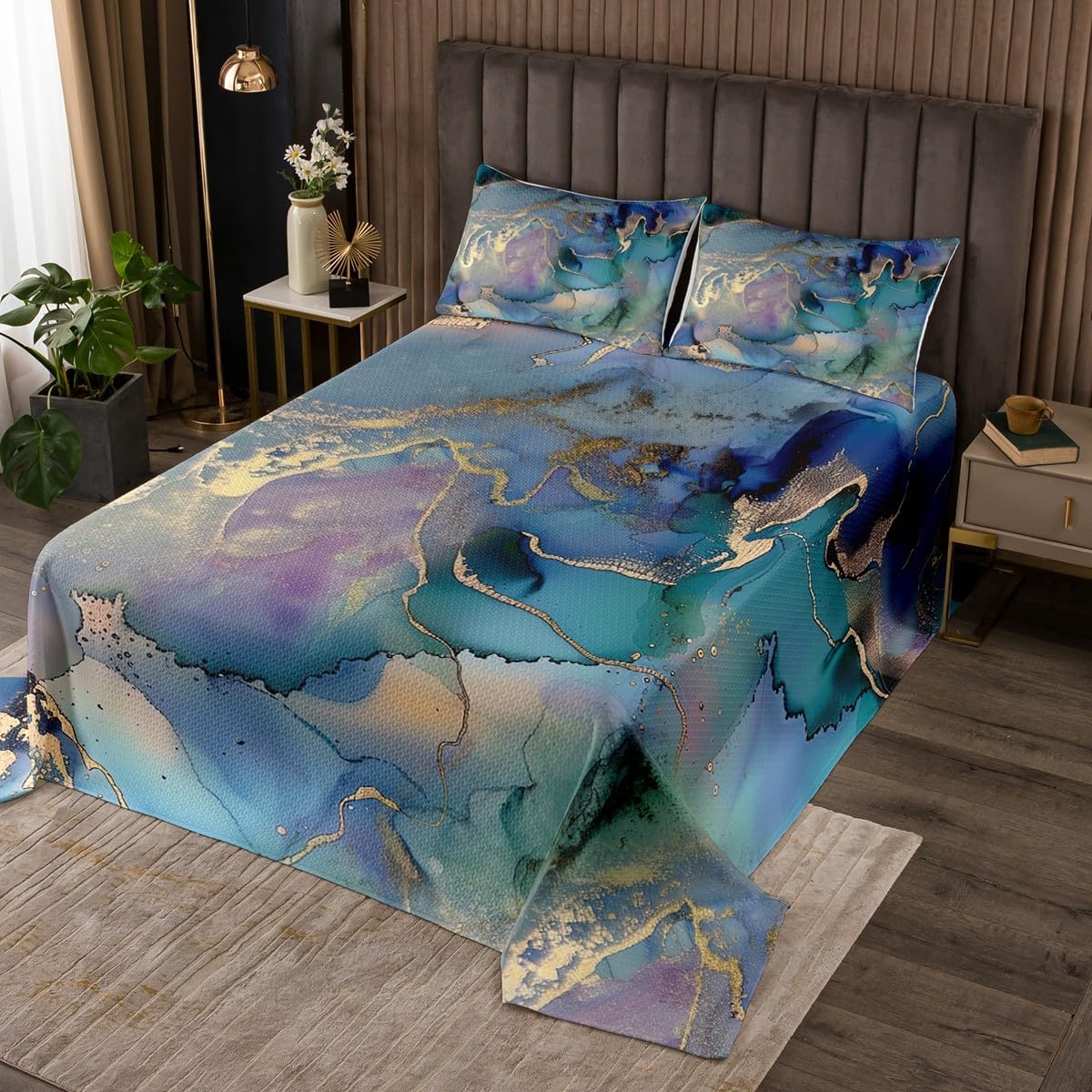 Erosebridal Golden Marble Grain Bedspread King,Abstract Marble Texture Design Quilted Marbling Coverlet Set Iridescent Ink Fluid Art Quilt Set Pastel Purple Teal Green Marble Home Decor