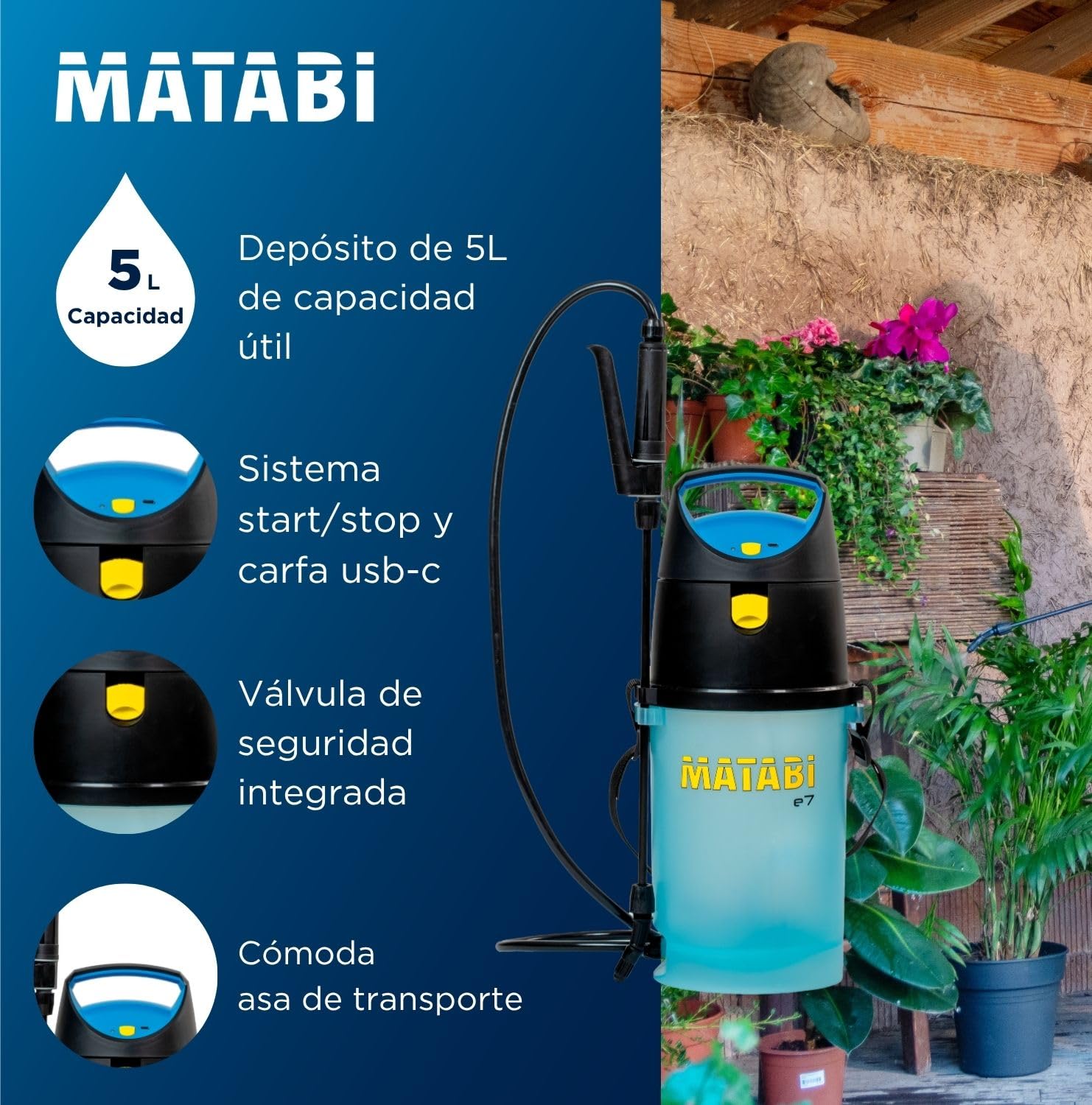 Matabi e7 Pulverizador Eléctrico 5L -Autonomía 50L Sistema Start/Stop USB-C | Sulfatadora Batería con Manguera 1,3m - Boquilla Cónica Regulabre - Indicador Led - Lanza 36cm - Para Jardín y Huerto