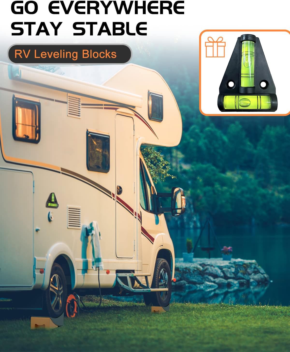 Wohnmobil-Nivellierblöcke, Rampen-Set, 2 Packungen Camper-Nivelliersystem für Reisen mit zwei Unterlegkeilen, 2 Anti-Rutsch-Matten, 1T-Wasserwaage und Tragetasche, bis zu 15875 kg, einfacher und
