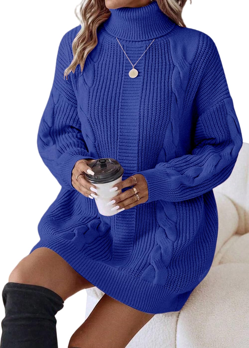 ELFIN Strickkleid Damen Oversized Rollkragen Pulloverkleid Winterkleid Langarm Strickpullover Zopfmuster Strick Langer Pullover Mini Kleider