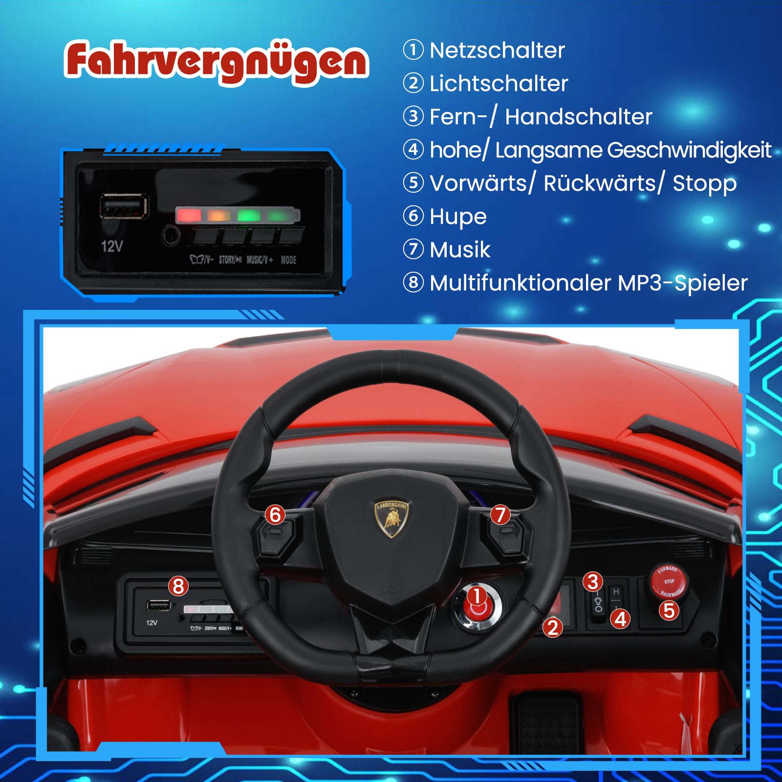 COSTWAY Lamborghini Elektroauto für Kinder, Kinderfahrzeug mit 2,4G Fernbedienung & LED Scheinwerfer & MP3-Player & Hupe & Musik, Elektrofahrzeug 3-5 km/h, Kinderauto für Kinder ab 3 Jahren (Rot)