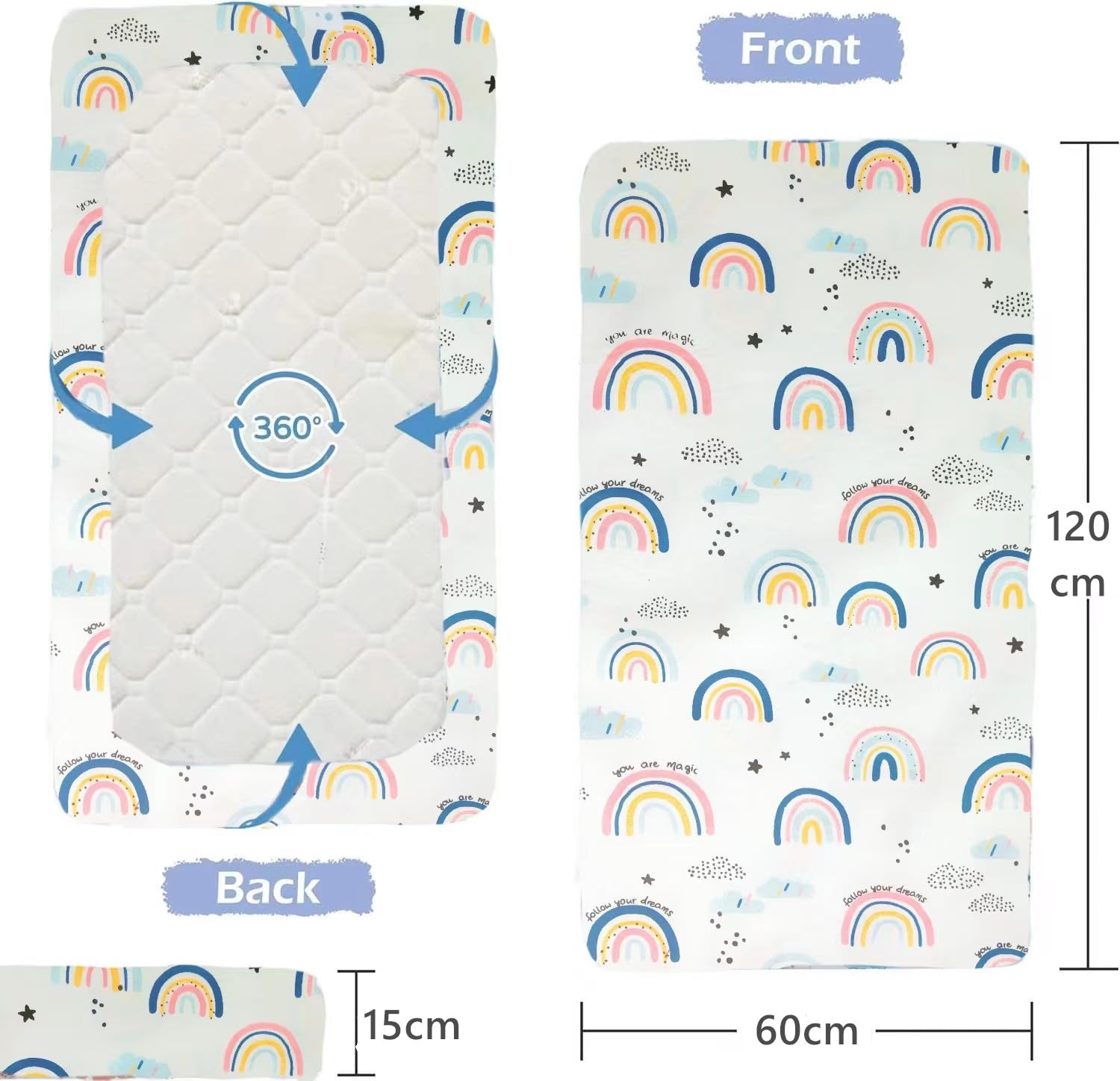 Cot Bed Fitted Sheets 120 x 60cm for Girl Boys, Rainbow+pink Bear, 120x60 - Image 2