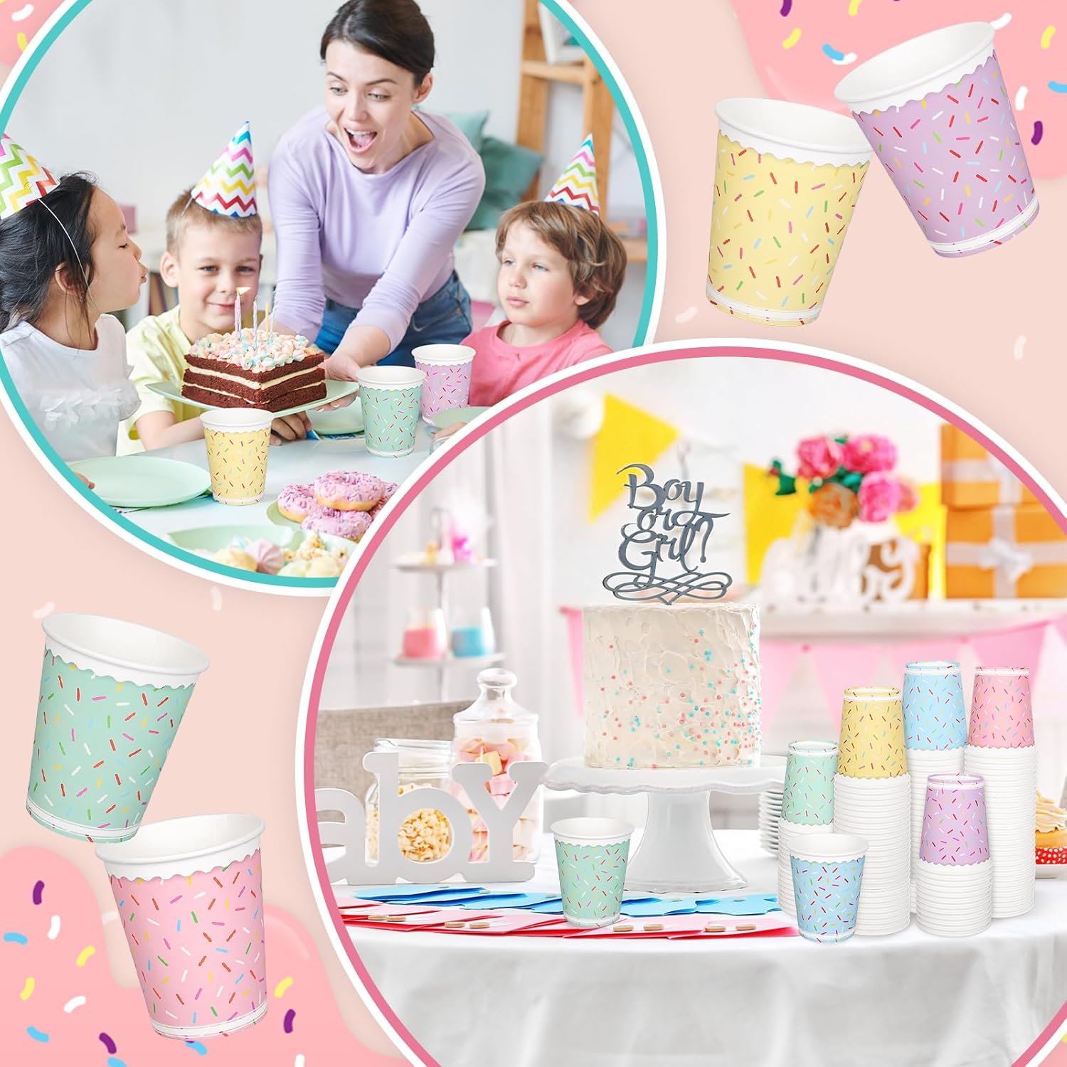 100Pcs 9Oz Sprinkles Disposable Paper Cups Pastel Donut Sprinkles Drinking Cups for Hot Cold Drink Juice Coffee Home Birthday Baby Shower Party Supplies - Image 7