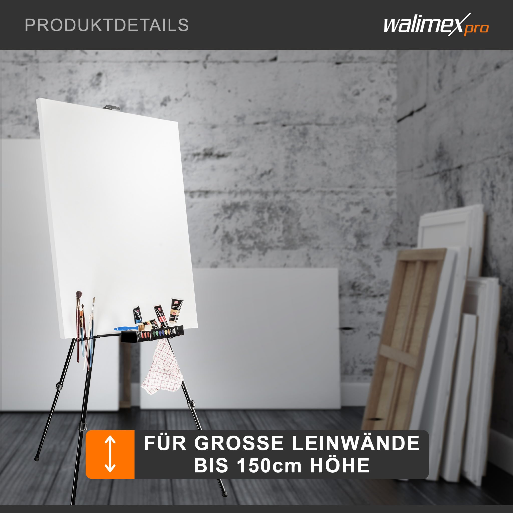 Walimex pro Sztaluga XXL 62-205 cm, aluminium I idealna sztaluga atelierska, sztaluga stołowa i sztaluga polowa I na płótna do wys. x gł.: 150 x 4 cm, do 6 kg I półka i uchwyt na farby i pędzle, z