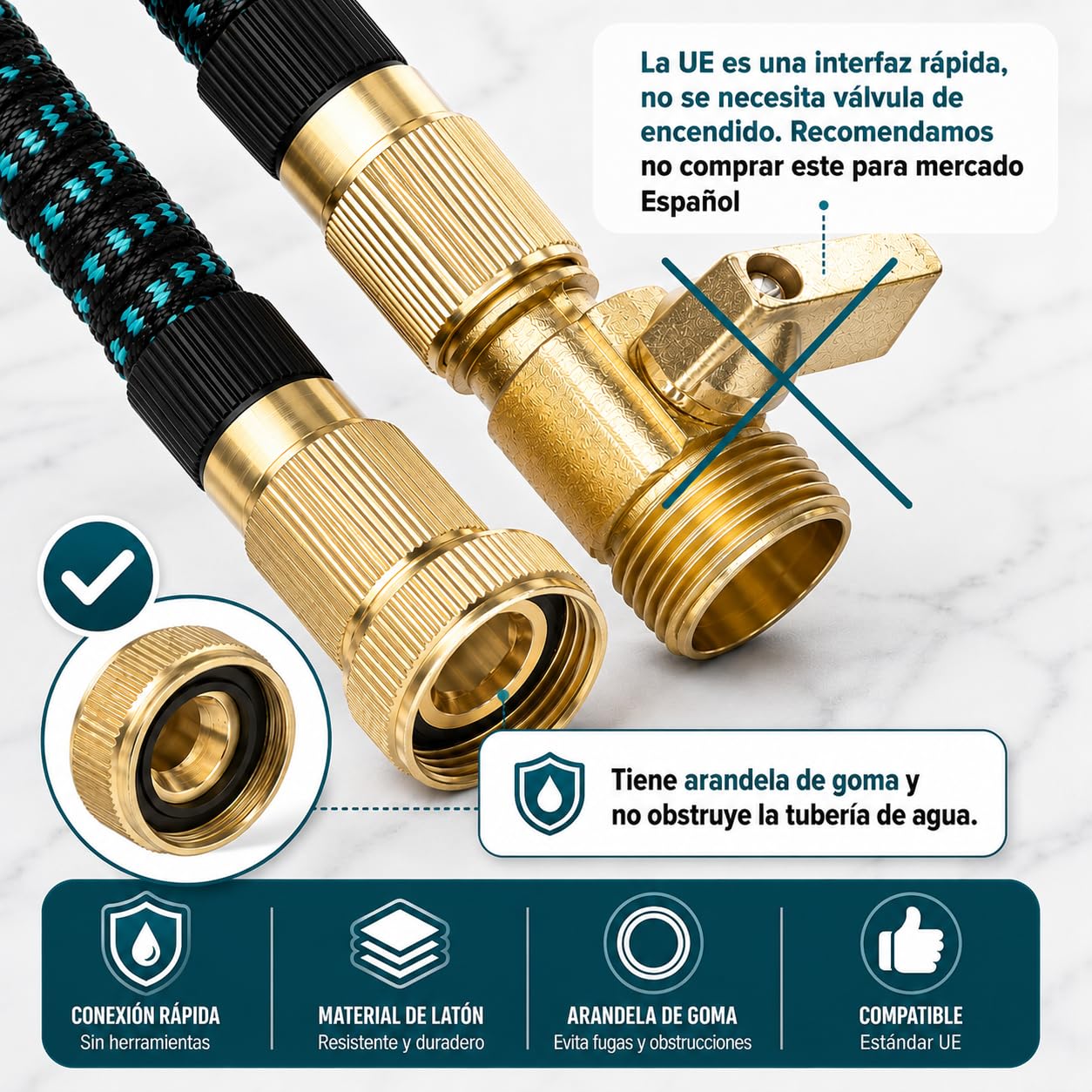 GREENGOF Manguera de Jardín Premium 15 Metros - Boquilla de Pulverización de 10 funciones, Ligera y Extensible - Conectores de Latón y Alta Resistencia con Núcleo de Látex - Color Azul.