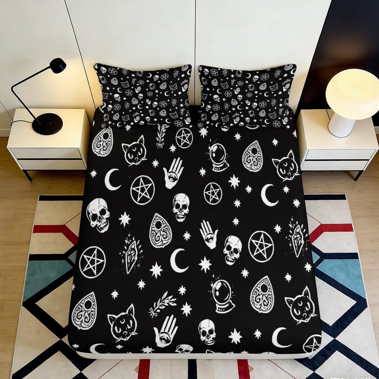 Pnayamiorkfel Style-1 3D Printed Witchcraft Symbols Fitted Sheet Microfiber Soft Black Occult Cat Skull Bed Cover For Bedroom Dorm Decor 90X200x25cm